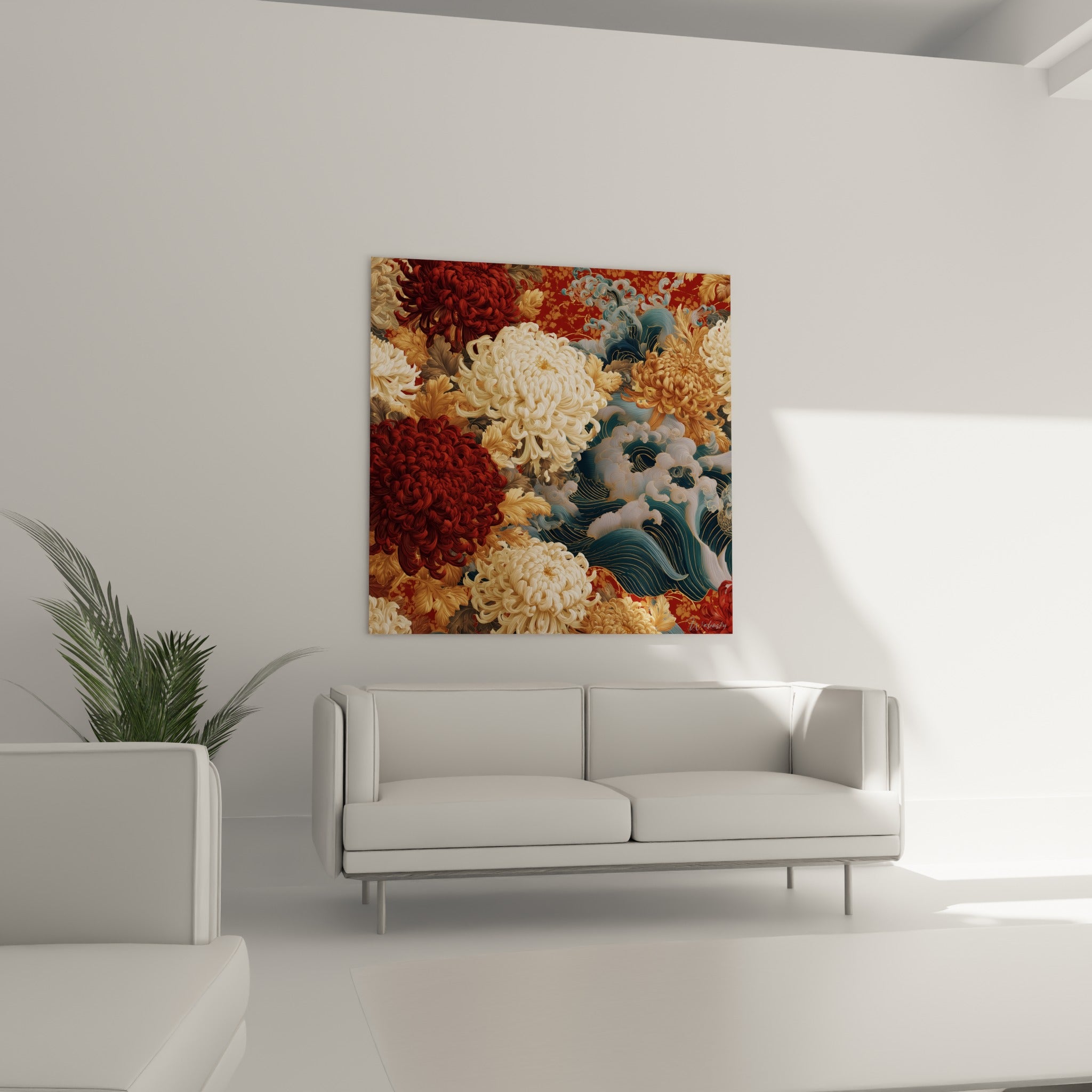 Corolles de chrysanthème bordeaux et vague bleu marine accrochées au-dessus d'un canapé dans un salon lumineux