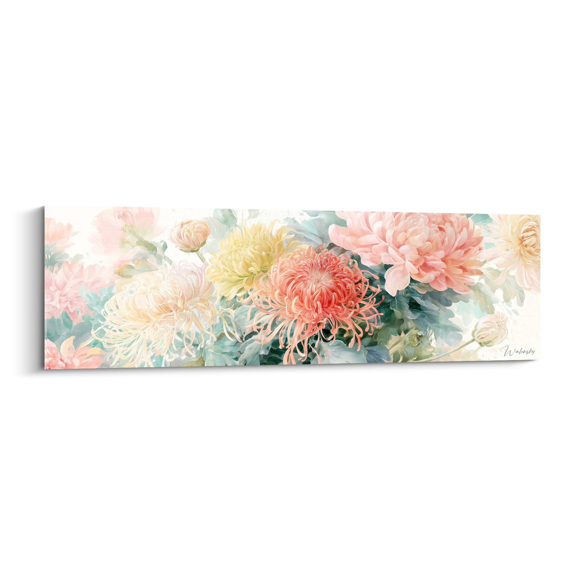 Chrysanthèmes en bouquet aquarelle, pétales corail et rose pastel sur fond blanc lumineux