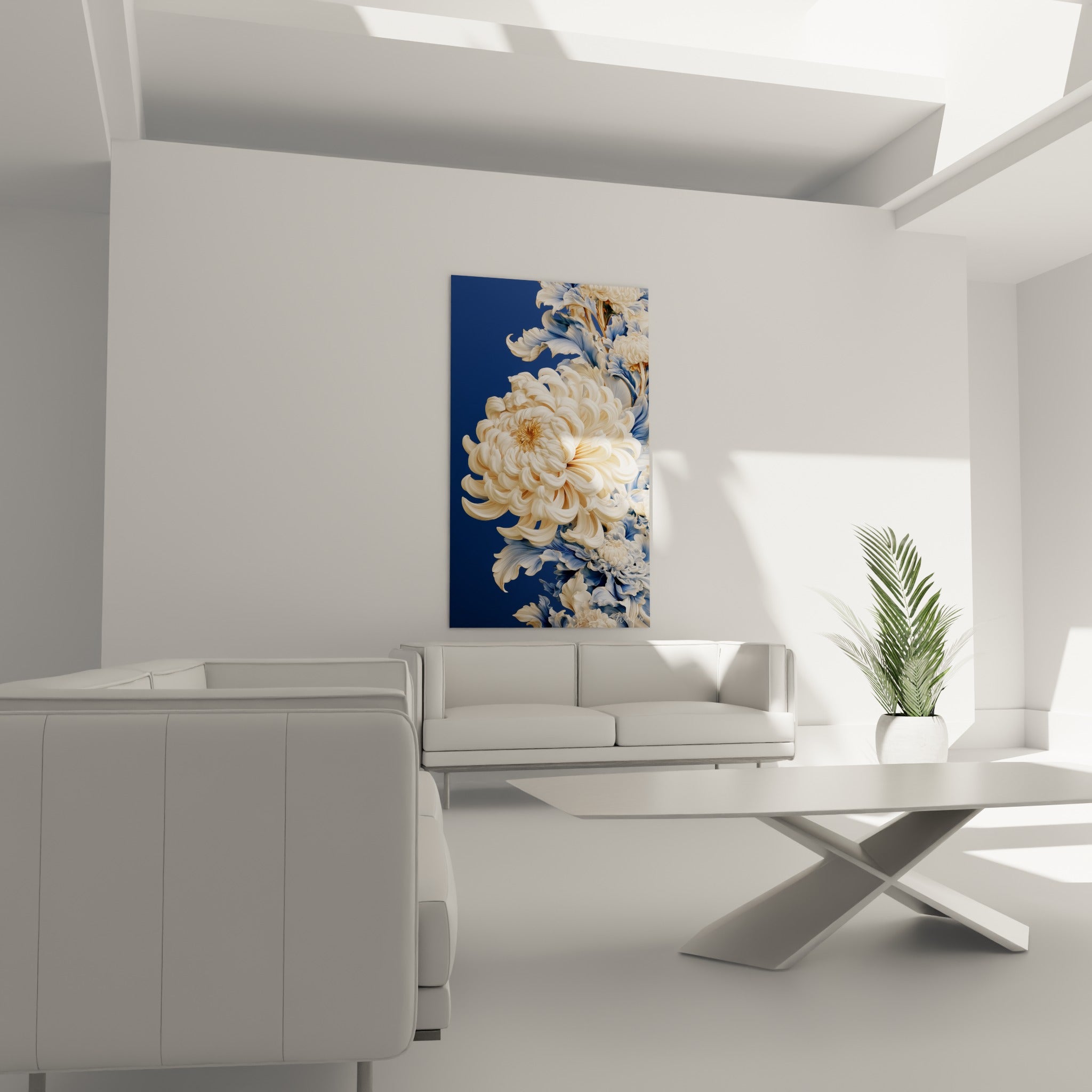 Bouquet de chrysanthèmes crème et bleu marine placé au-dessus d'un canapé dans un salon lumineux