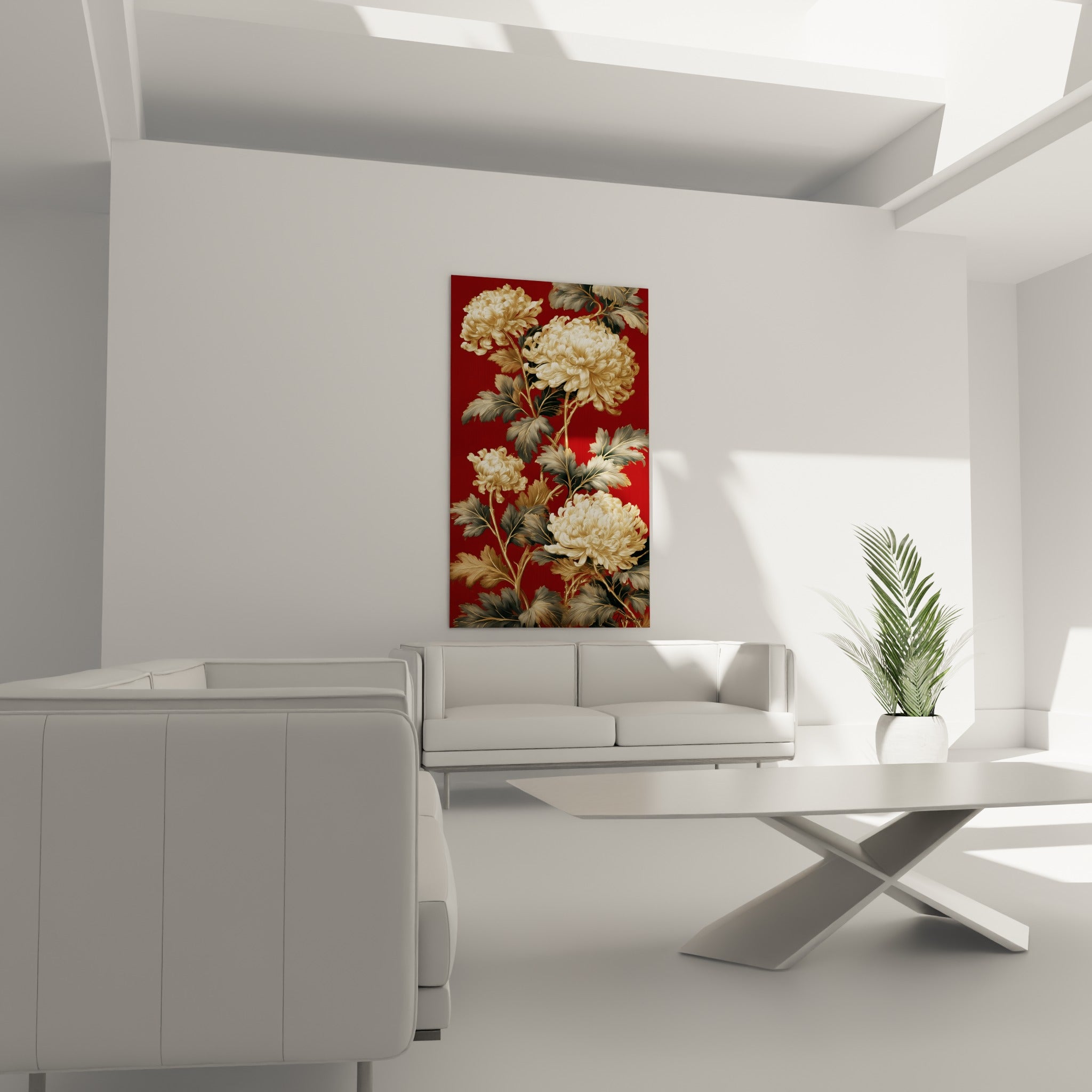 Bouquet de chrysanthèmes ivoire et feuillages anthracite sur rouge profond, au-dessus d'un canapé dans un salon lumineux