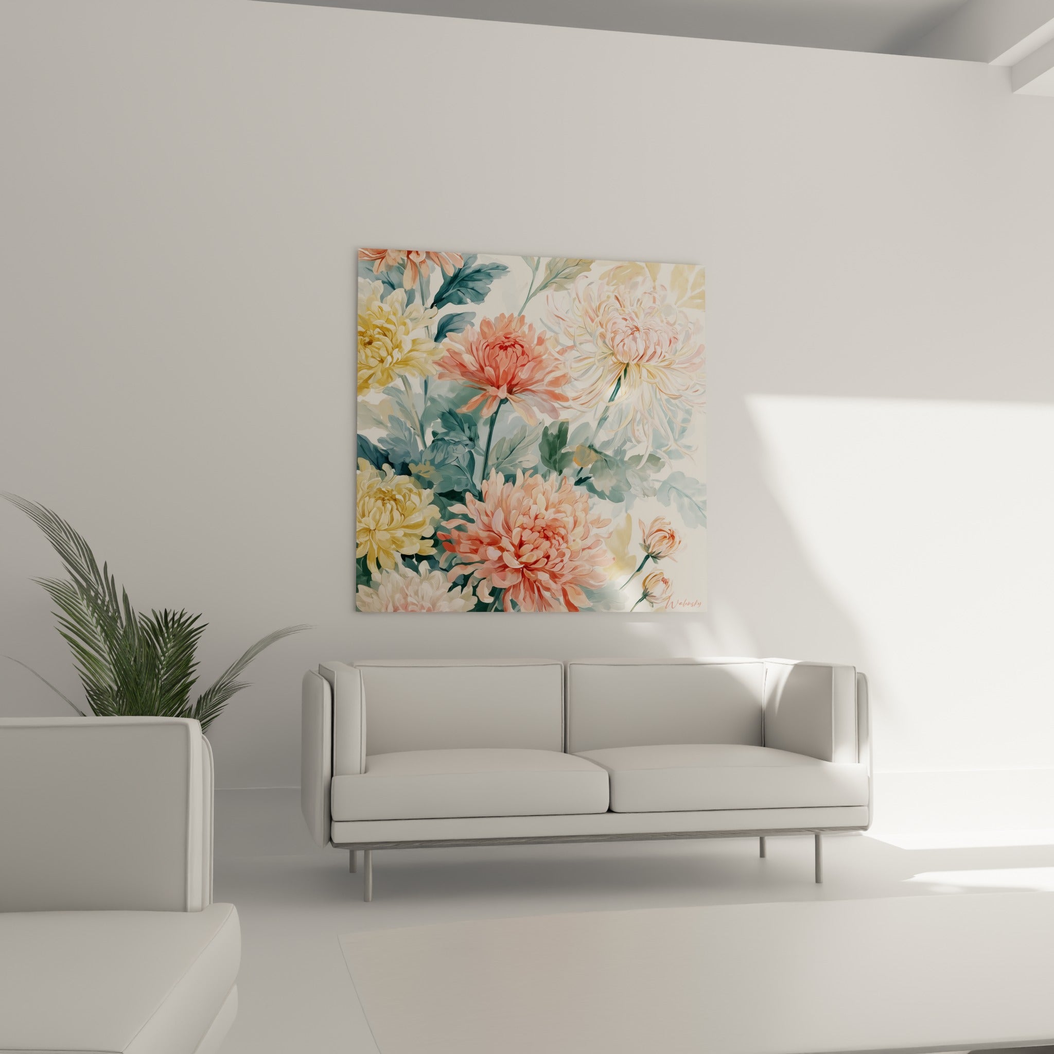 Fleurs de chrysanthème corail et bleu-vert disposées au-dessus d'un canapé dans un salon lumineux