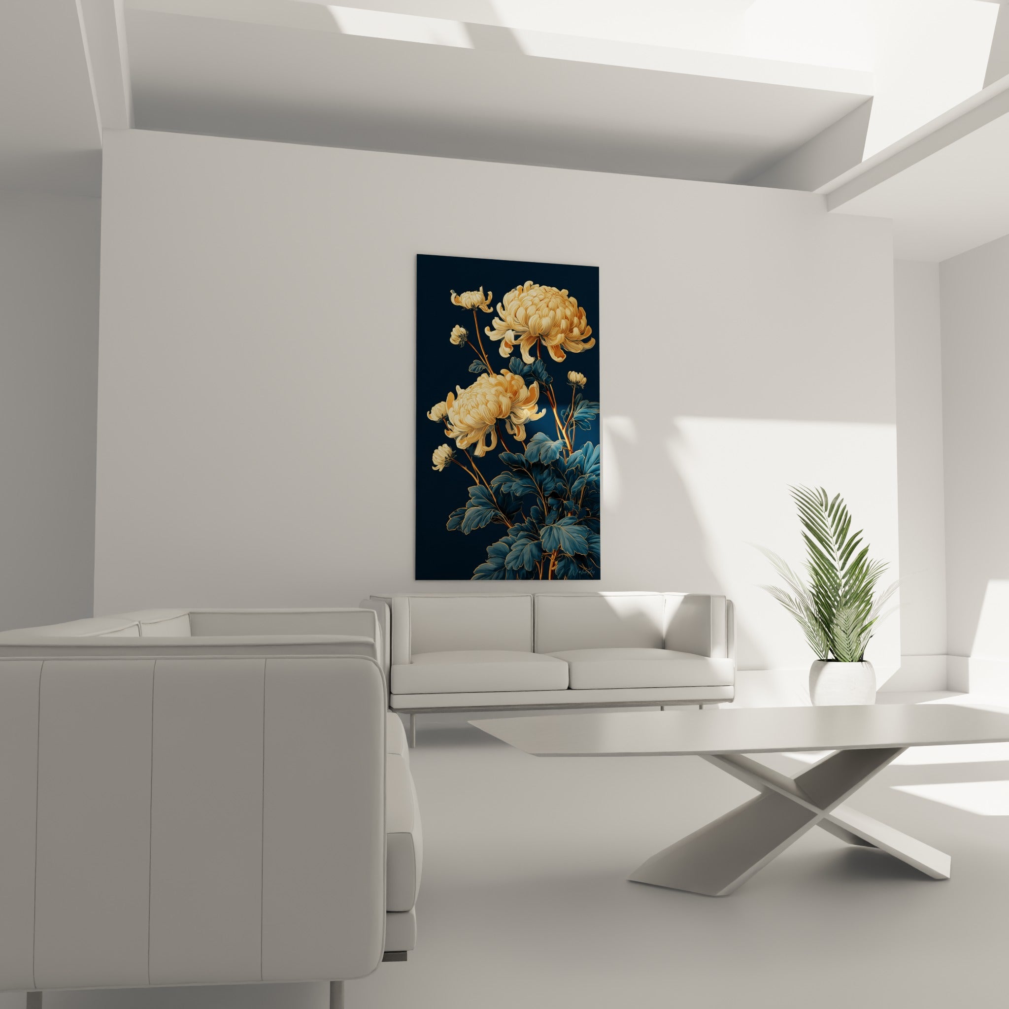 Bouquet de chrysanthèmes dorés et bleu marine, disposé au-dessus d'un canapé dans un salon lumineux