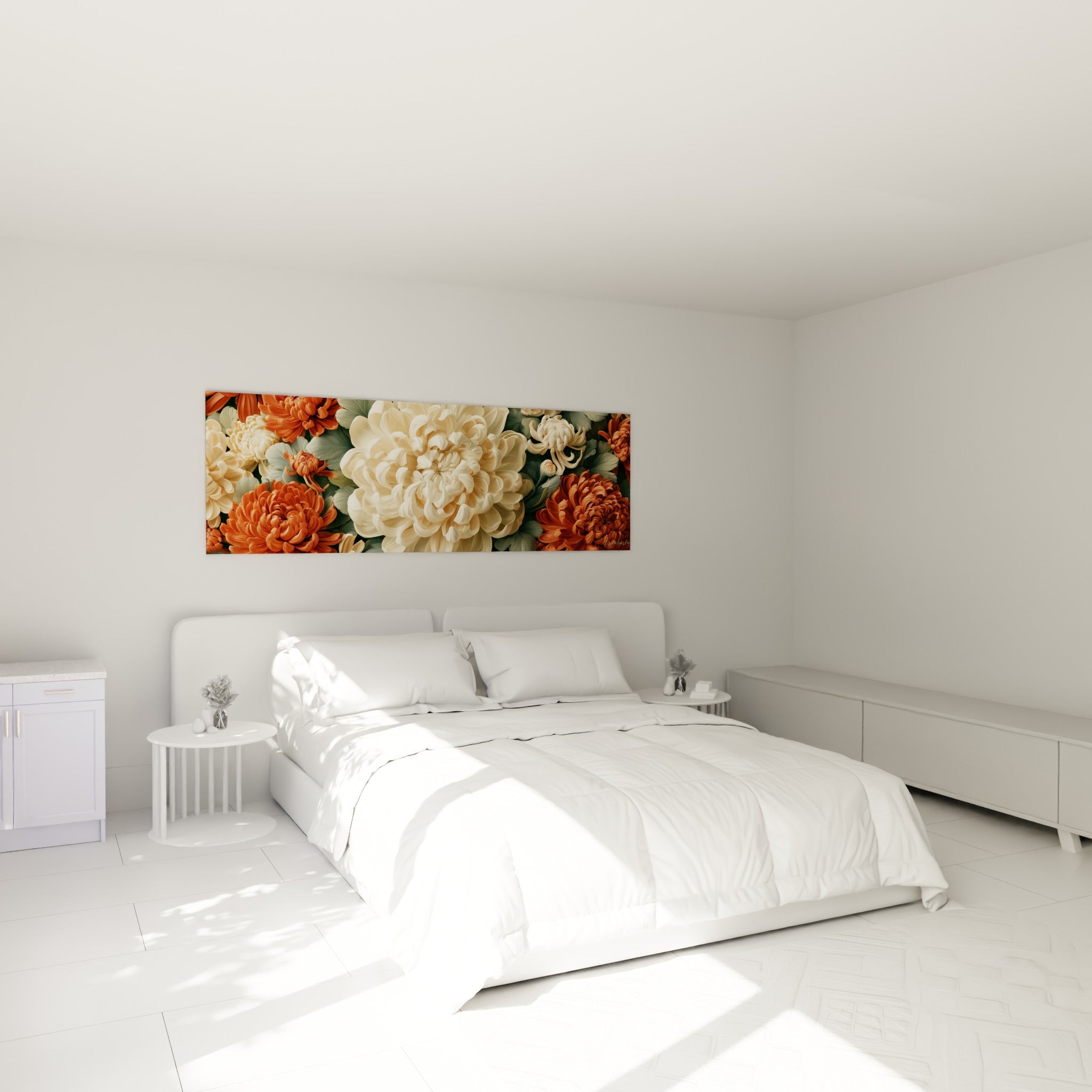 Bouquet de chrysanthèmes terracotta et ivoire au-dessus d'un lit dans une chambre claire