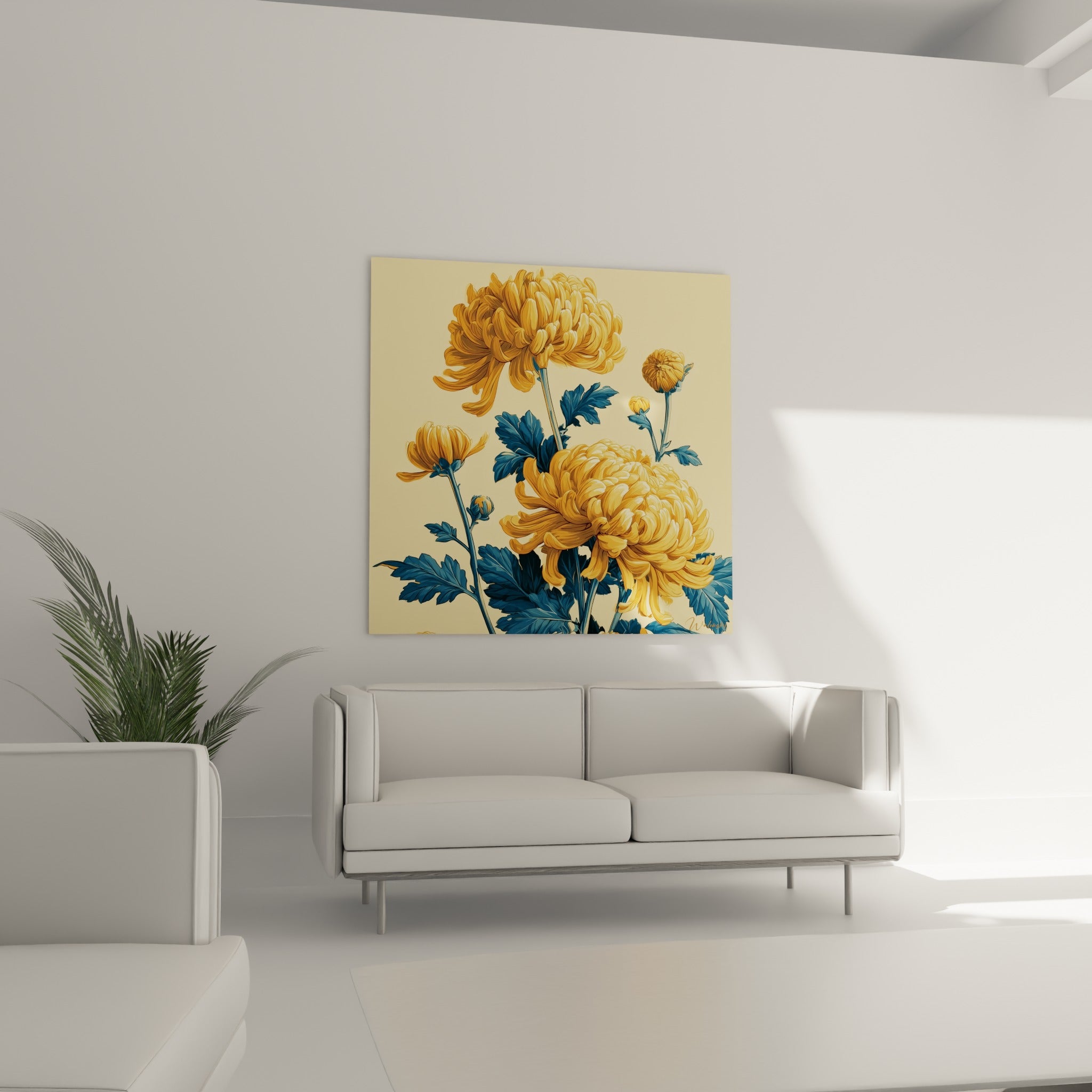 Fleurs de chrysanthème ambrées et feuillage bleu marine au-dessus d'un canapé dans un salon lumineux
