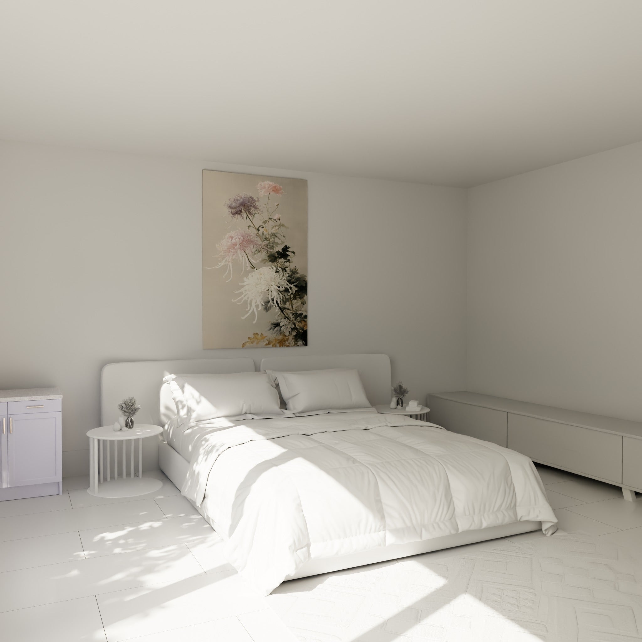Branche de chrysanthèmes blancs et roses aux tiges élancées, accrochée au-dessus d'un lit dans une chambre claire