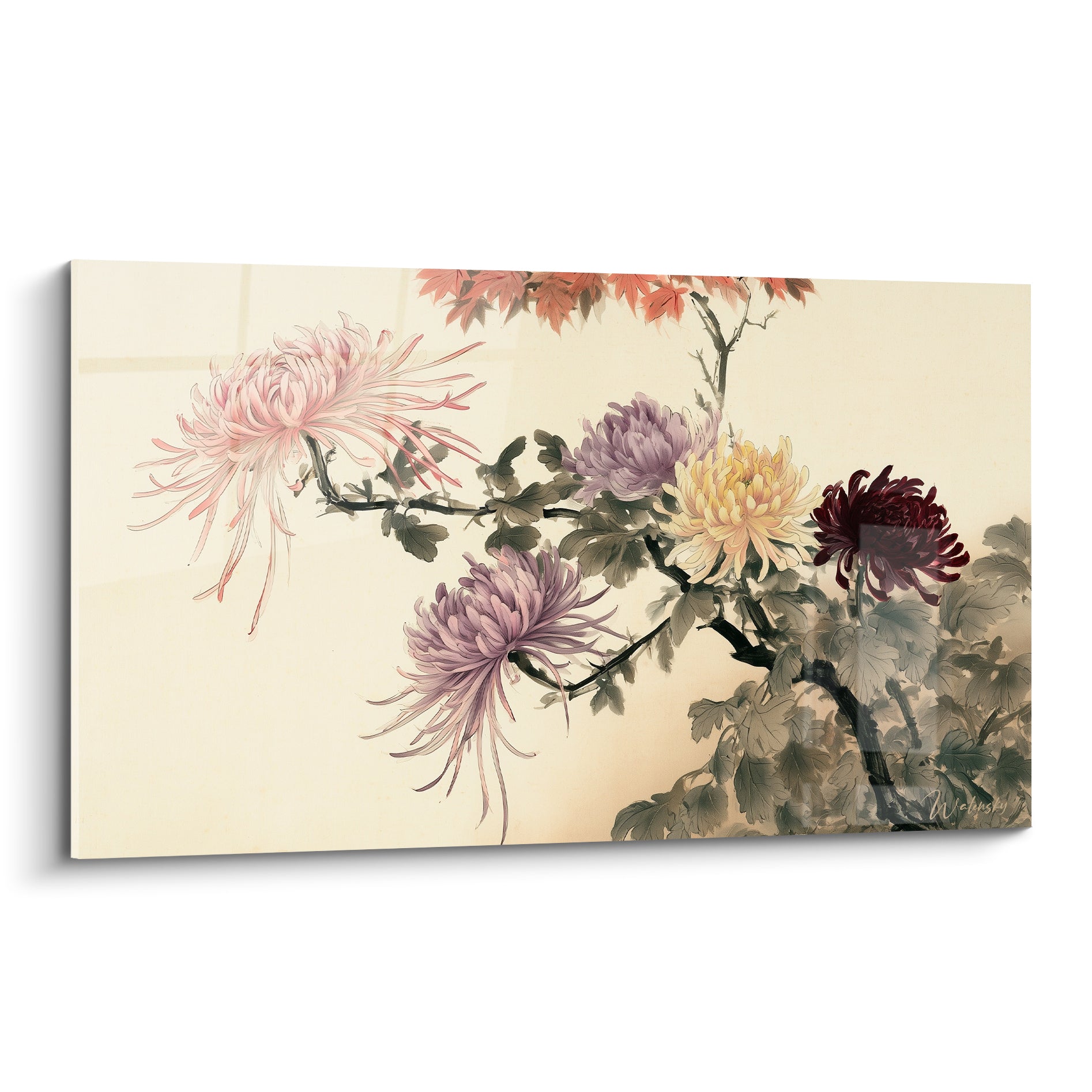 Branche de chrysanthème rose et pourpre sur fond ivoire, style aquarelle délicat et raffiné