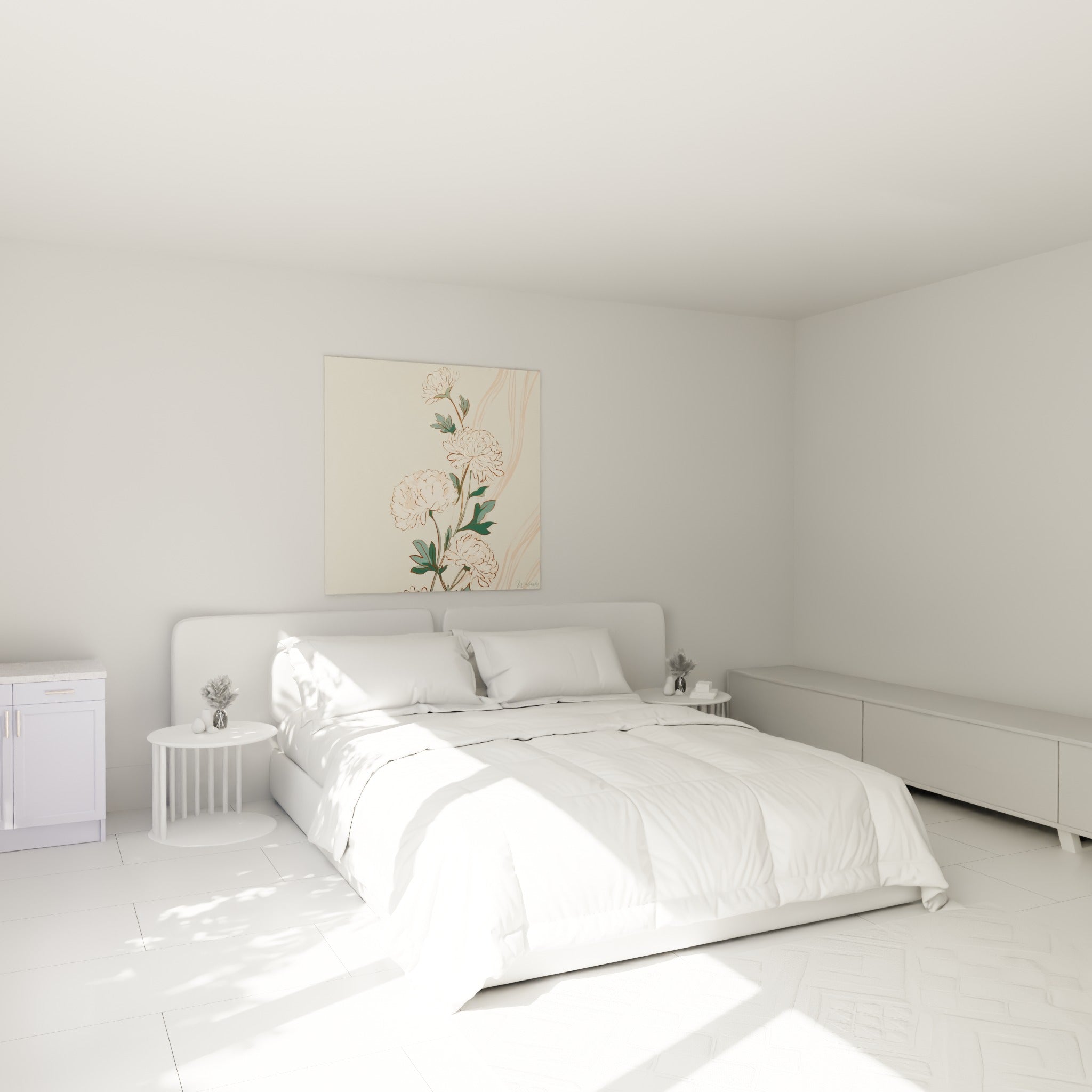 Bouquet de chrysanthèmes roses et crème au-dessus d'un lit dans une chambre claire