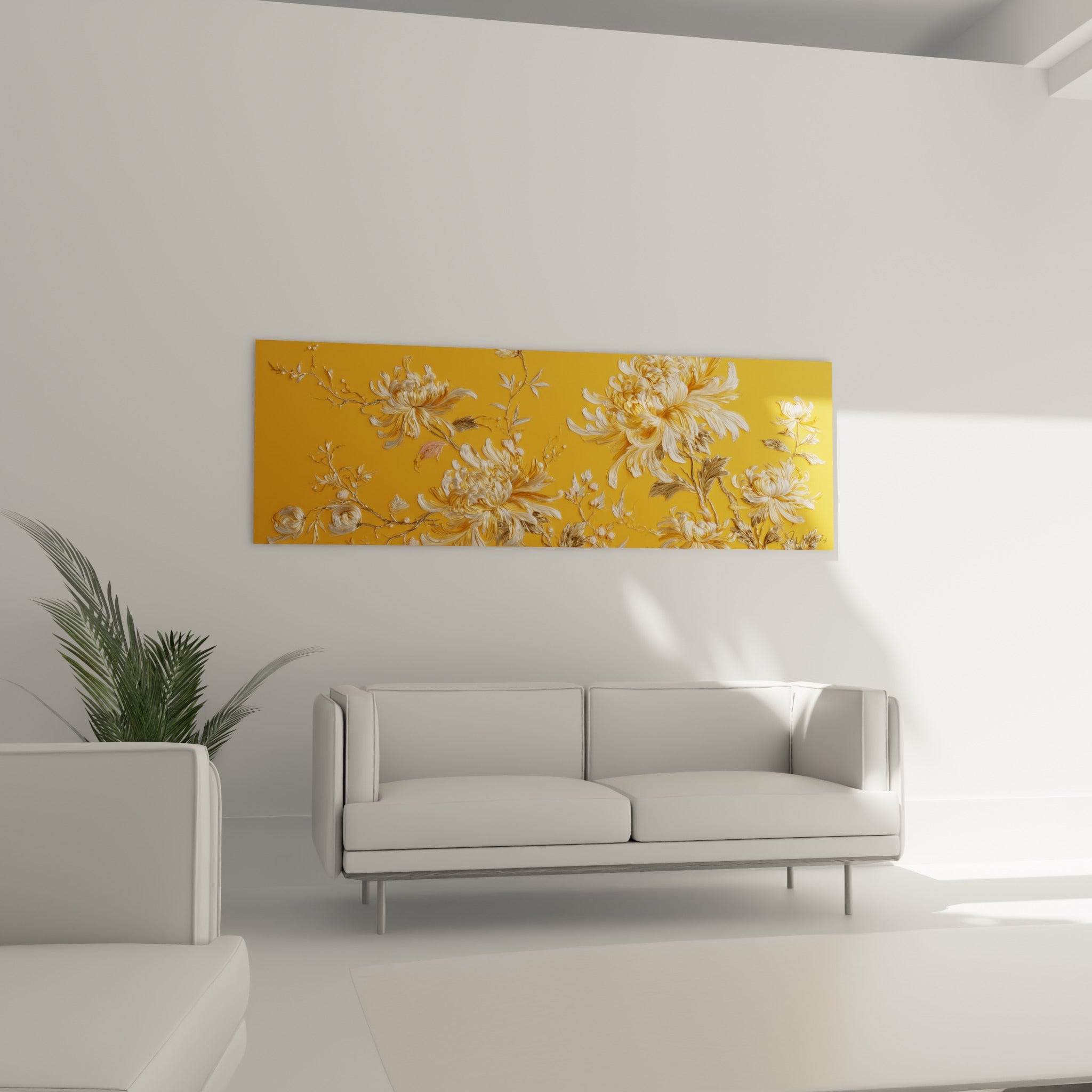 Bouquet de chrysanthèmes safran et ivoire en relief, disposé au-dessus d'un canapé dans un salon lumineux