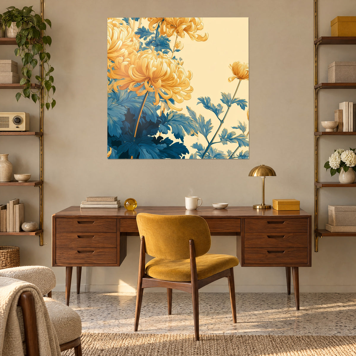Πίνακας με floral εικονογράφηση από πομ-πομ πορτοκαλί και φύλλα σκούρο τυρκουάζ, κρεμασμένος πάνω από ξύλινο γραφείο και μουσταρδί πολυθρόνα