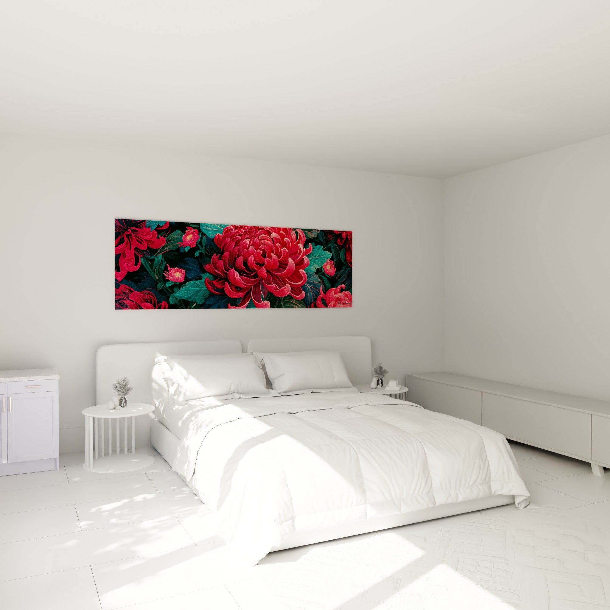 Fleurs de chrysanthème rouge carmin et vert anthracite au-dessus d'un lit dans une chambre claire