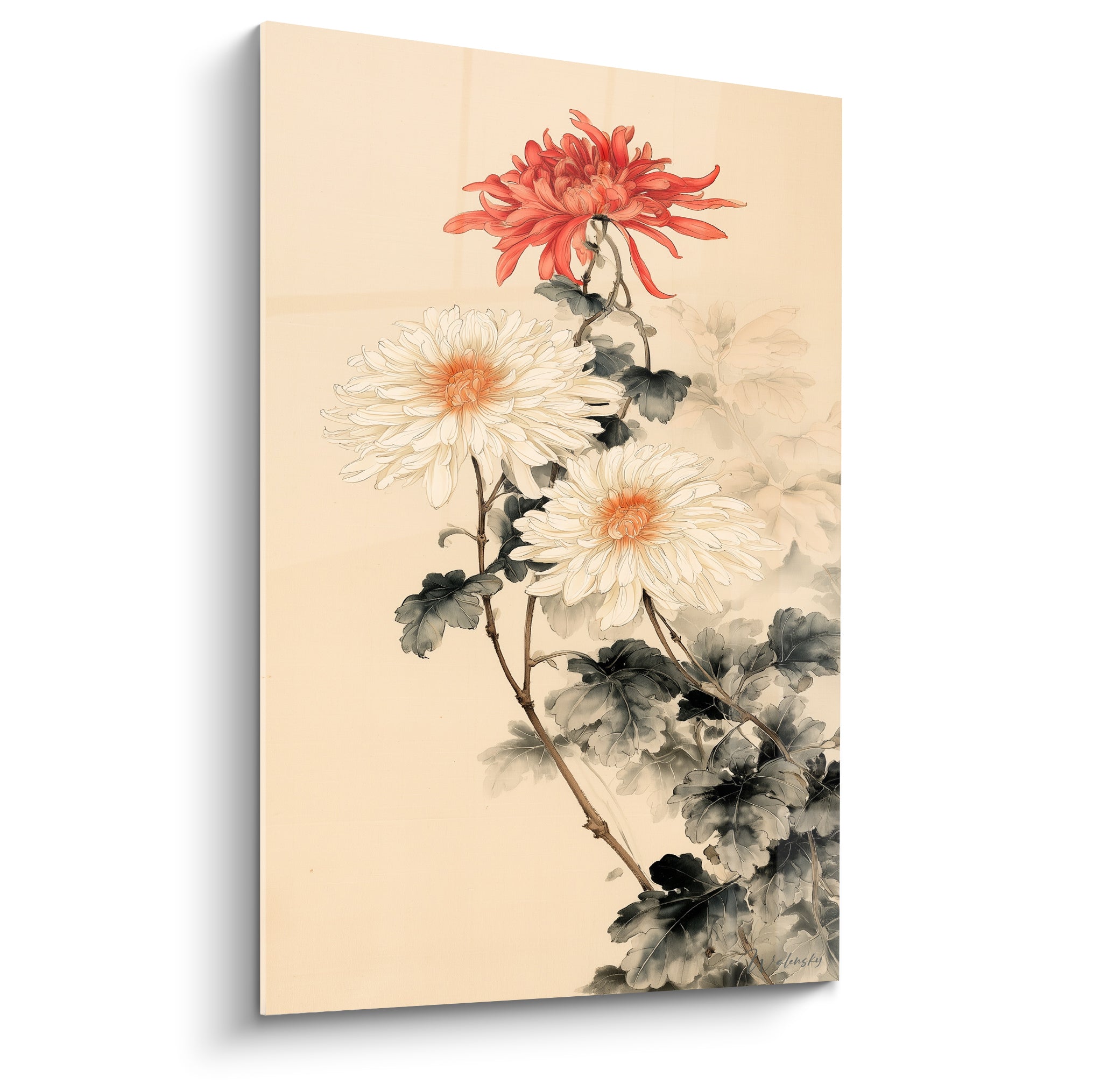 Chrysanthème corail et blanc aux feuilles anthracite peint sur fond ivoire délicat