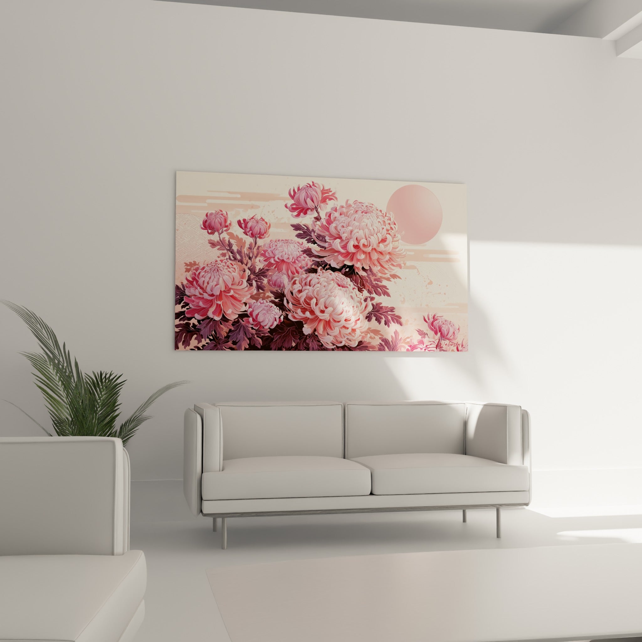 Bouquet de chrysanthèmes corail et blancs suspendu au-dessus d'un canapé dans un salon lumineux