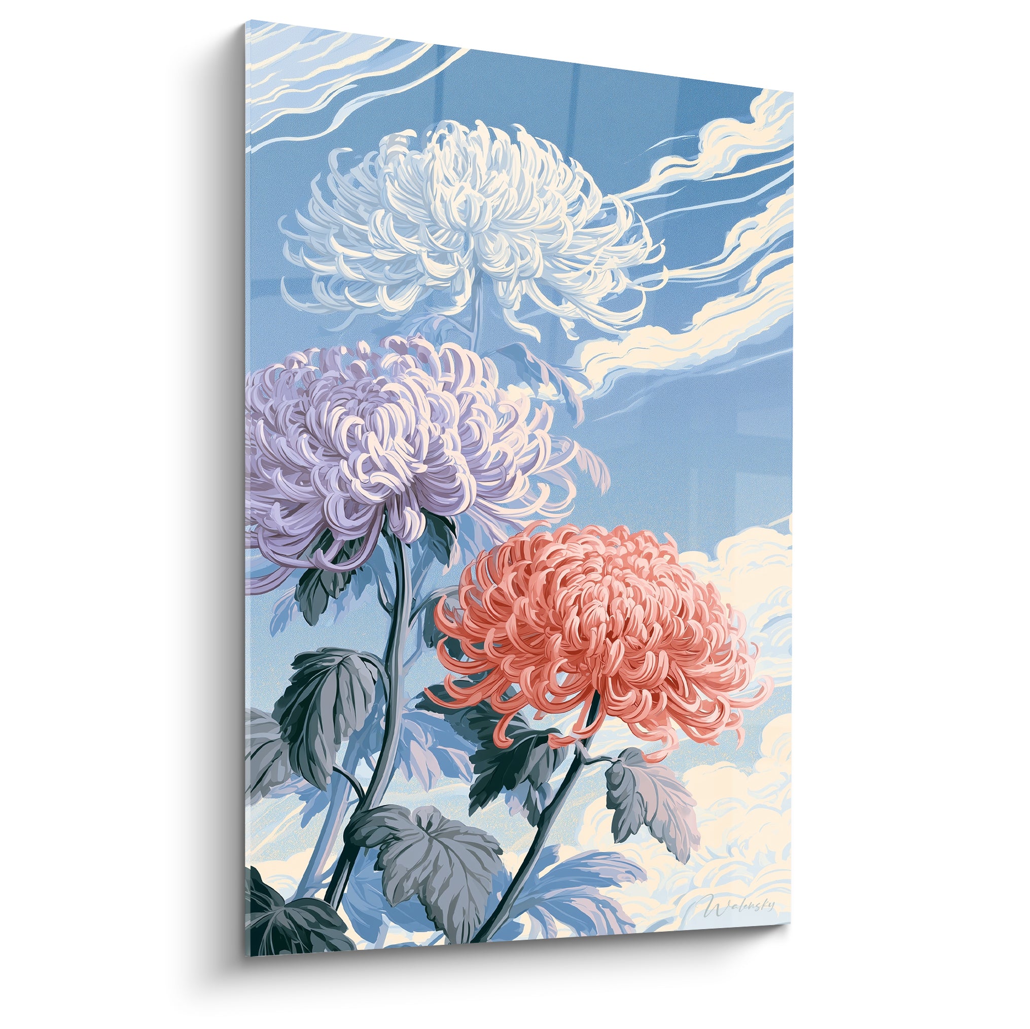 Chrysanthèmes corail, mauve et blanc sur fond bleu ciel nuageux, composition botanique stylisée