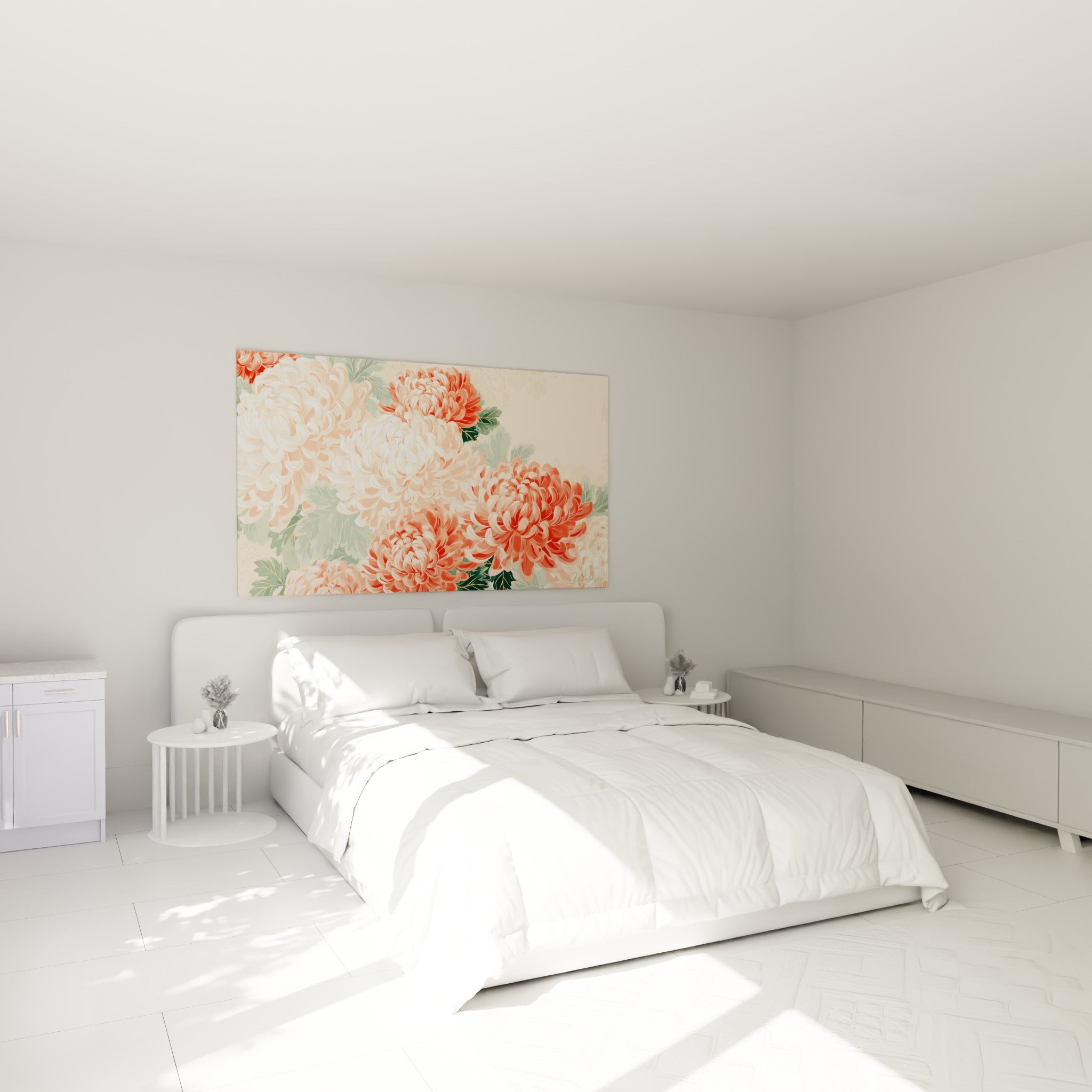 Chrysanthèmes corail et vert sauge en pleine floraison, au-dessus d'un lit dans une chambre claire