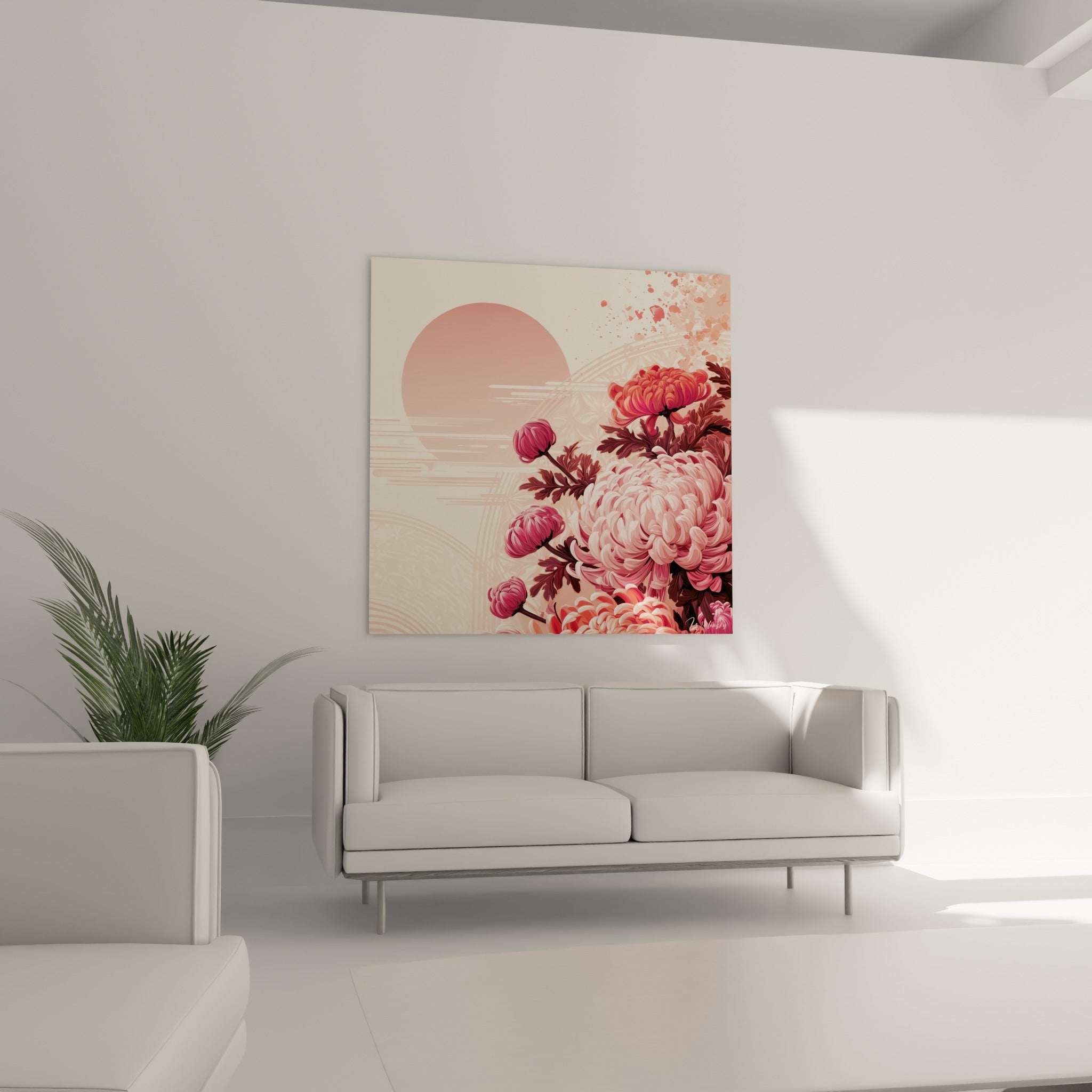 Chrysanthème rouge corail et rose pâle, disposé au-dessus d'un canapé dans un salon lumineux