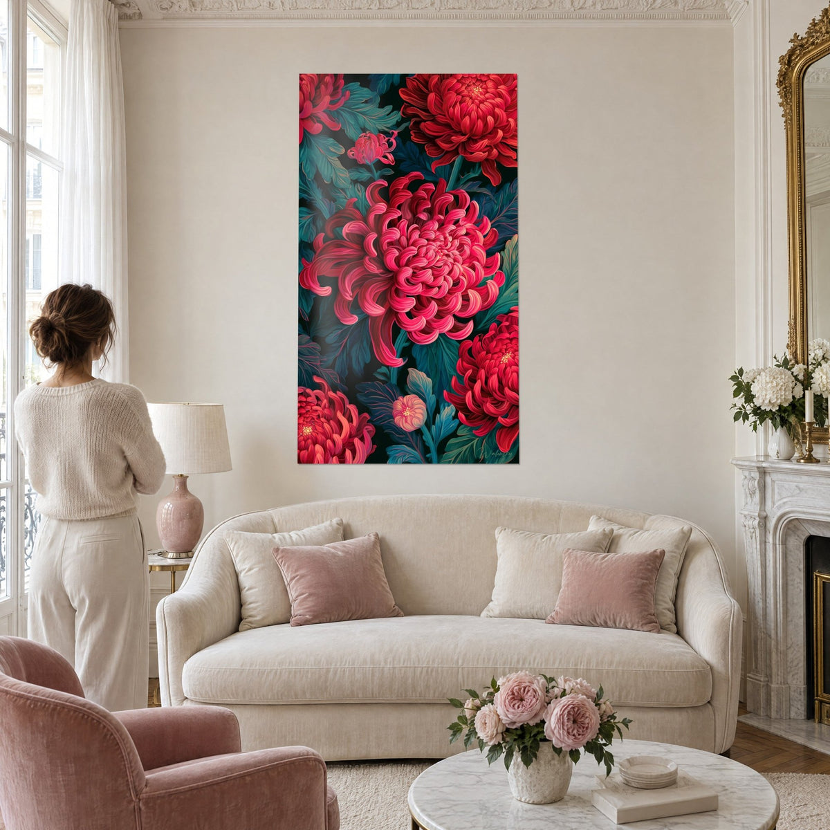 Tableau chrysanthème rose corail aux pétales en boucles sur feuillages vert sarcelle, au-dessus d'un canapé dans un salon lumineux