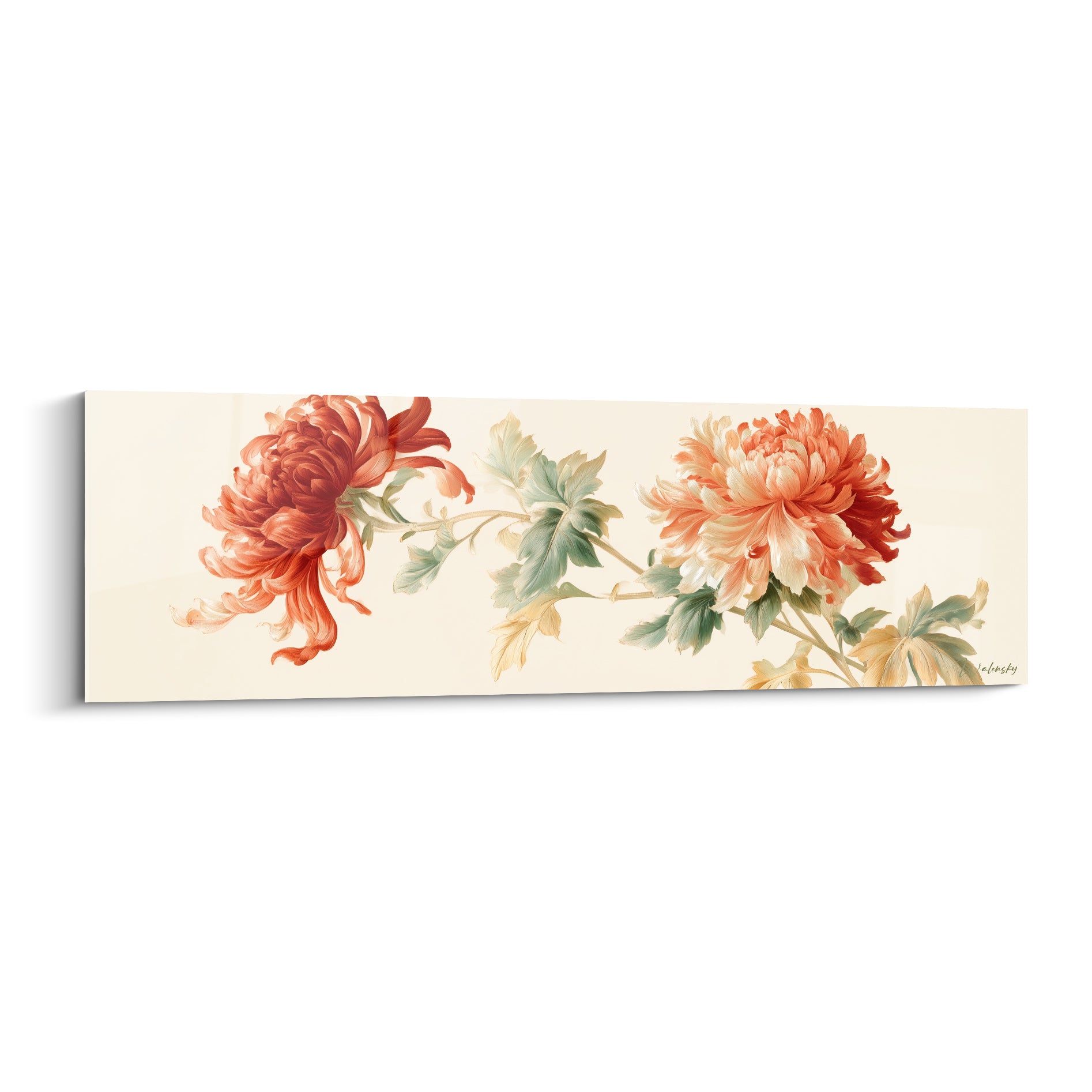 Chrysanthème corail et ivoire aux pétales déployés sur fond crème, style aquarelle délicate