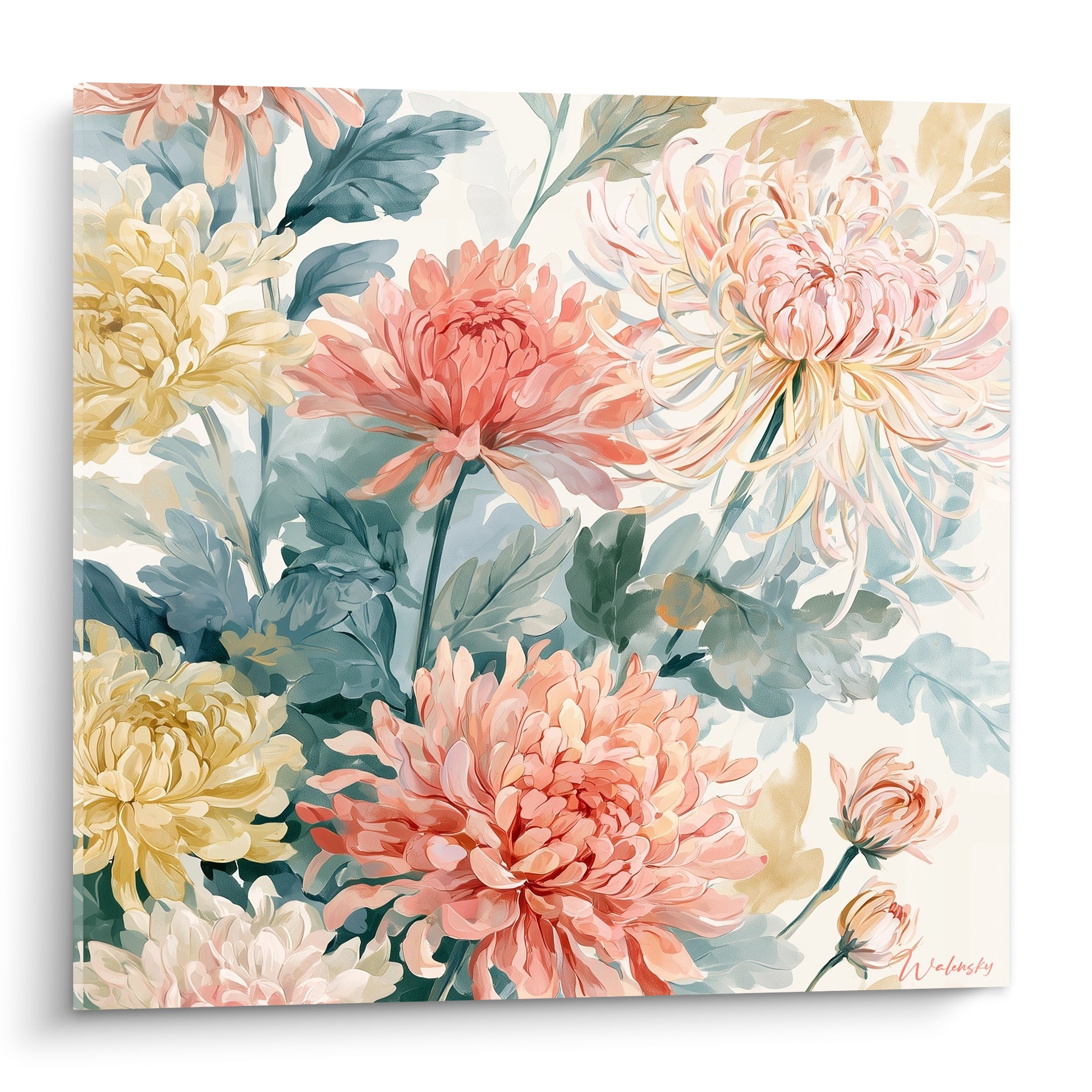 Chrysanthèmes corail et jaune pâle en pleine floraison, feuillage bleu-gris peint en aquarelle