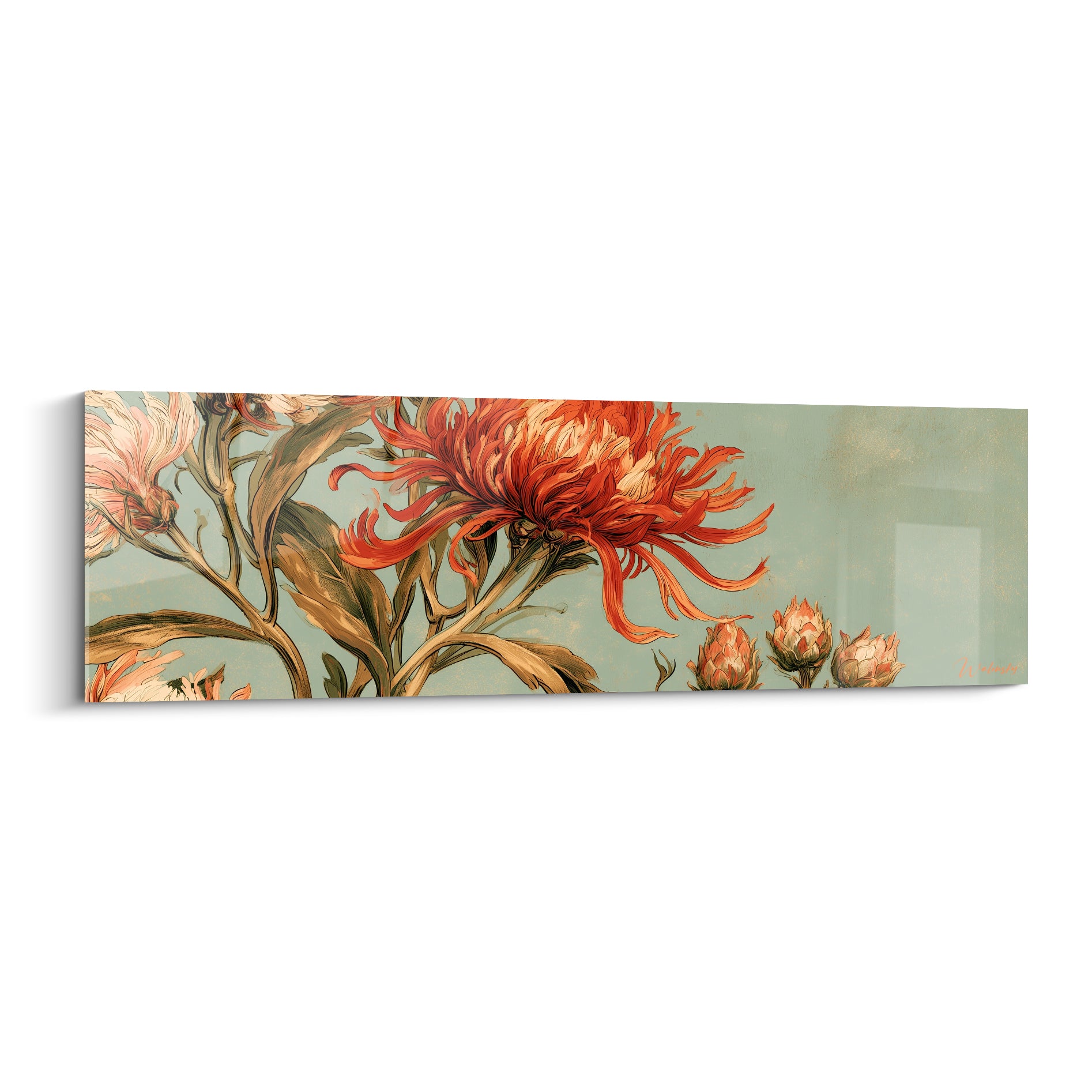 Chrysanthème corail aux pétales effilés sur fond vert sauge, style botanique raffiné