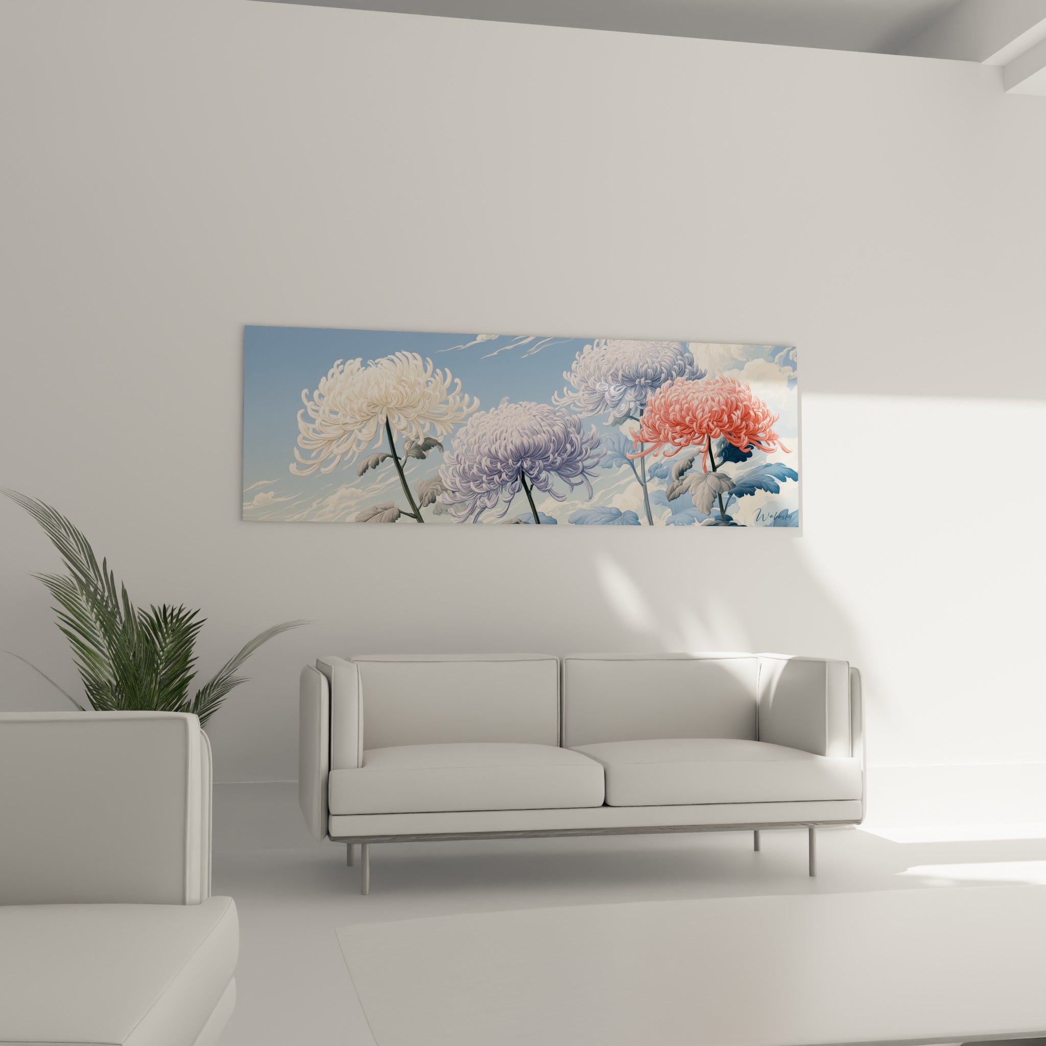 Pétales de chrysanthème blanc et rose corail déployés au-dessus d'un canapé dans un salon lumineux