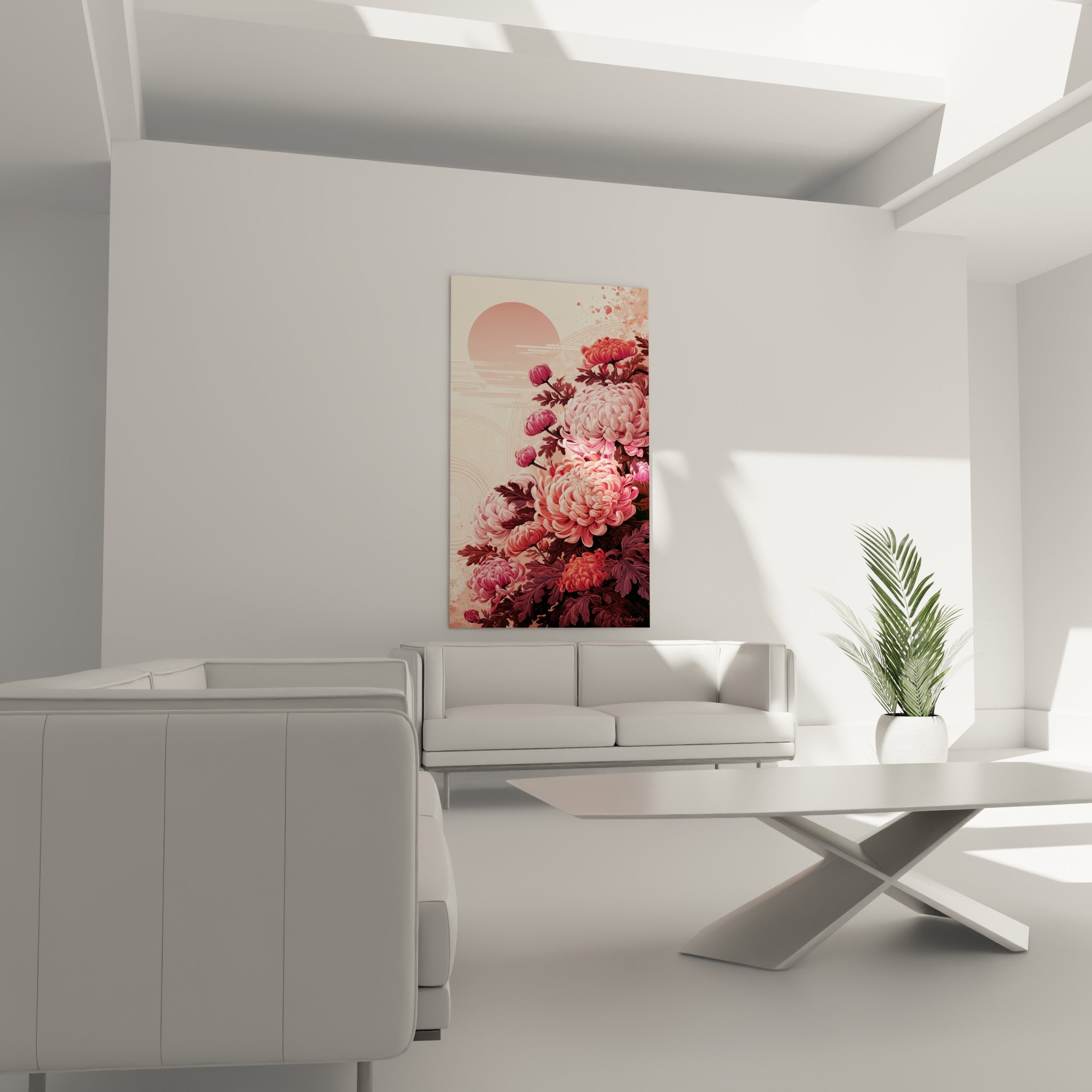 Fleurs de chrysanthème roses et corail suspendues au-dessus d'un canapé dans un salon lumineux
