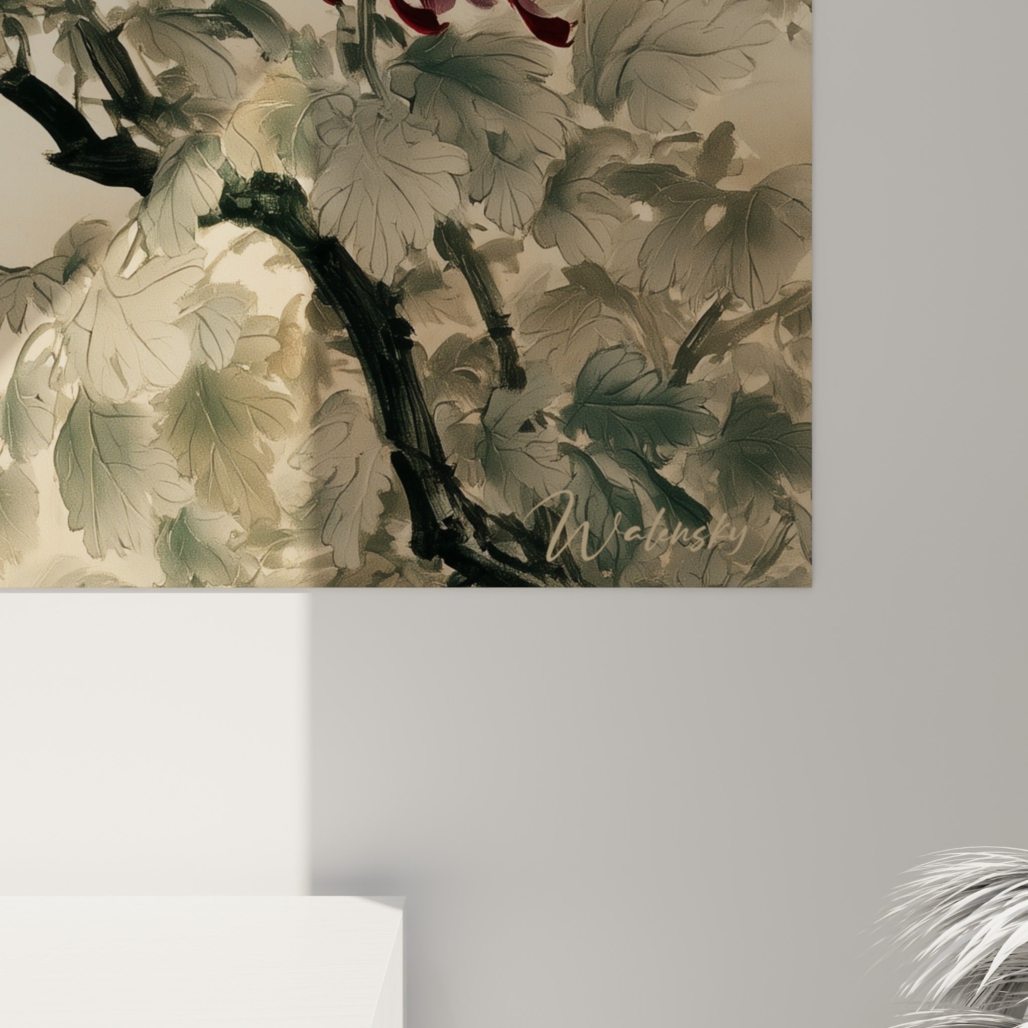 Détail des pétales roses et pourpres du chrysanthème, texture aquarelle fine et coulures délicates visibles