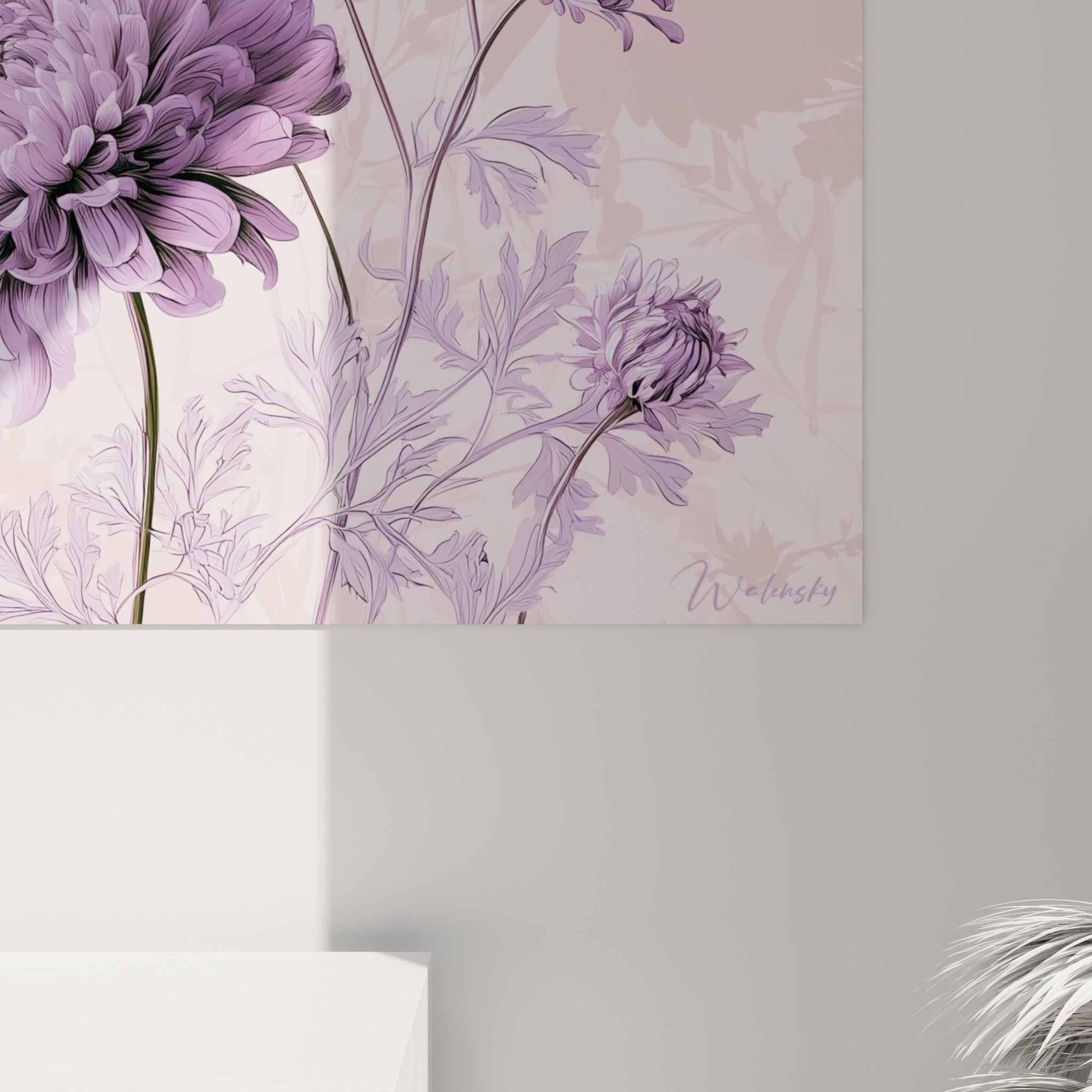 Détail des pétales de chrysanthème mauve montrant le grain fin et les nuances de violet et rose