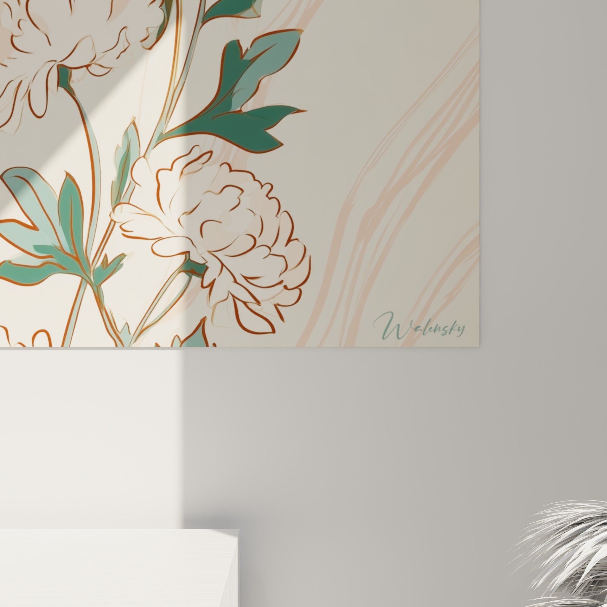 Pétales de chrysanthème crème et traits bruns finement dessinés révélant le grain de l'impression