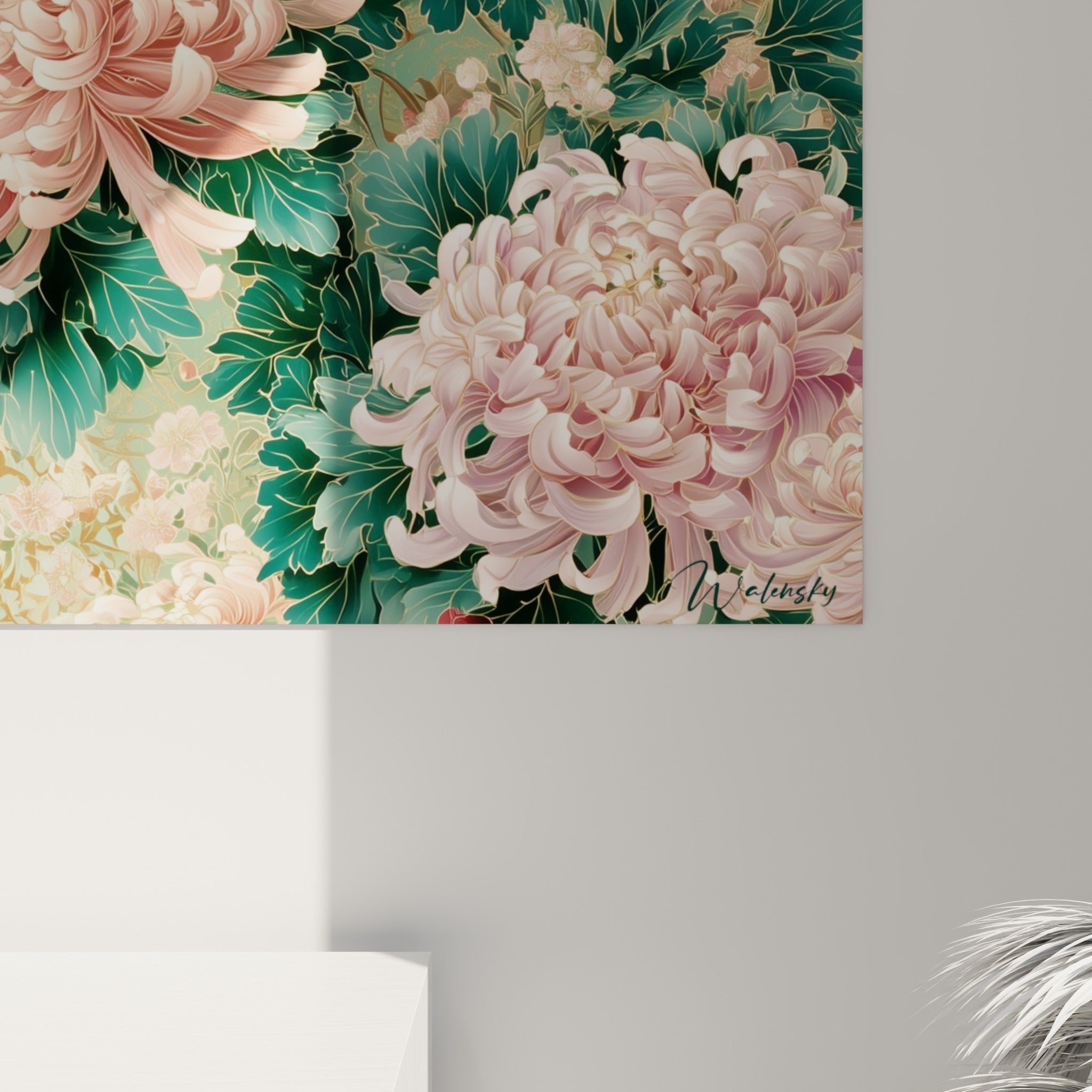 Détail des pétales de chrysanthème mauve et rose révélant le grain fin de l'impression