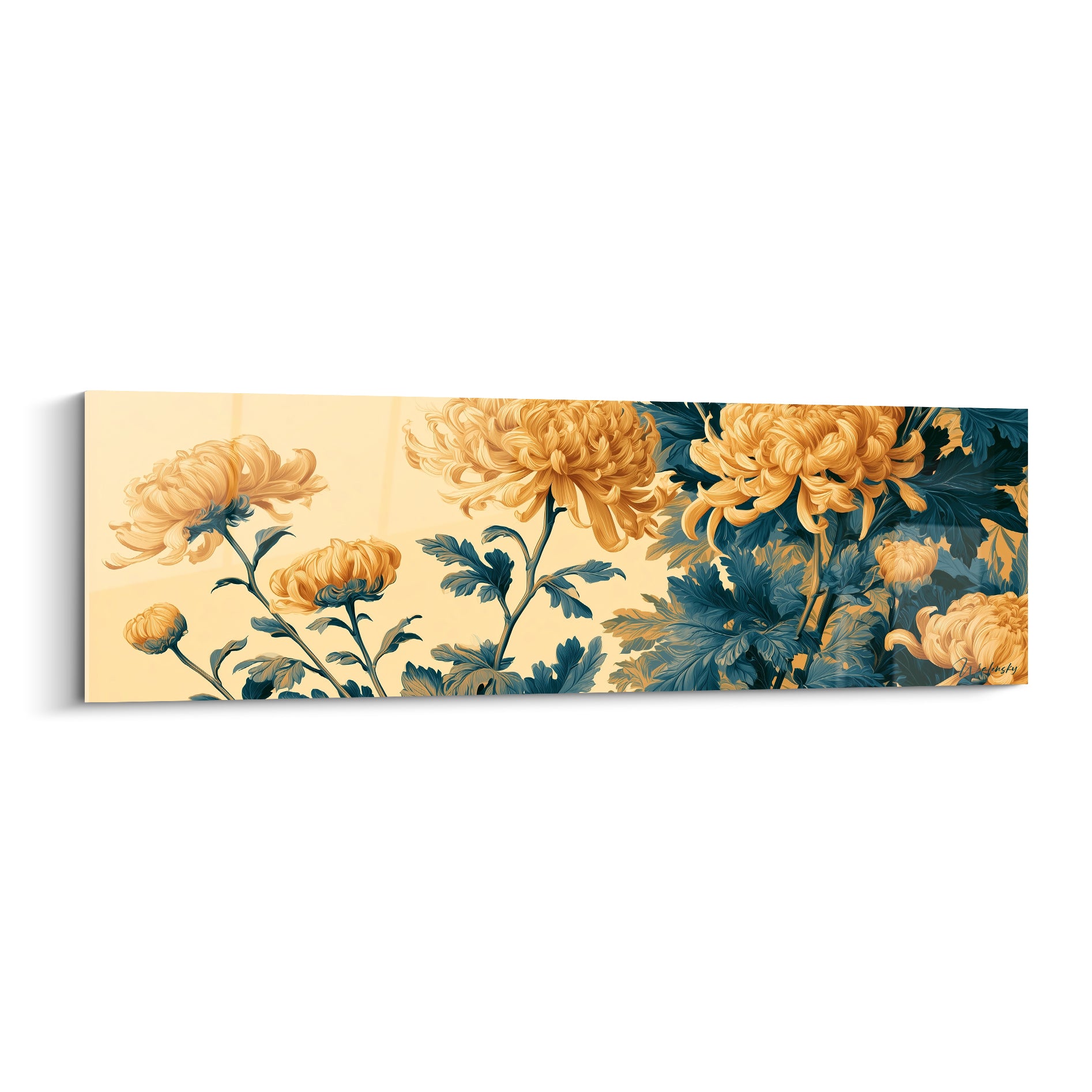 Chrysanthèmes dorés aux feuillages bleu pétrole déployés sur un fond ivoire, style aquarelle raffiné