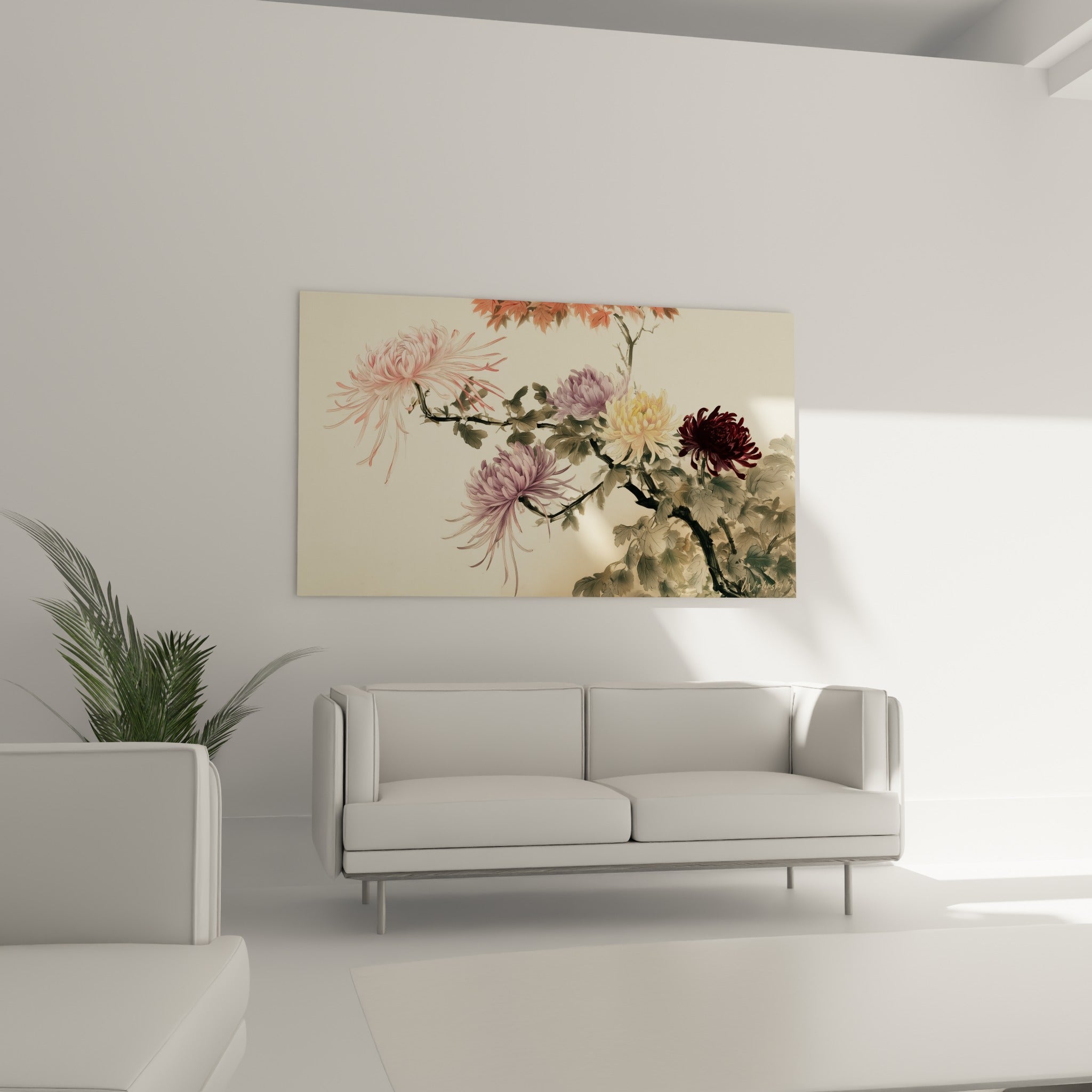 Chrysanthèmes dorés et bordeaux aux pétales effilés, disposés au-dessus d'un canapé dans un salon lumineux