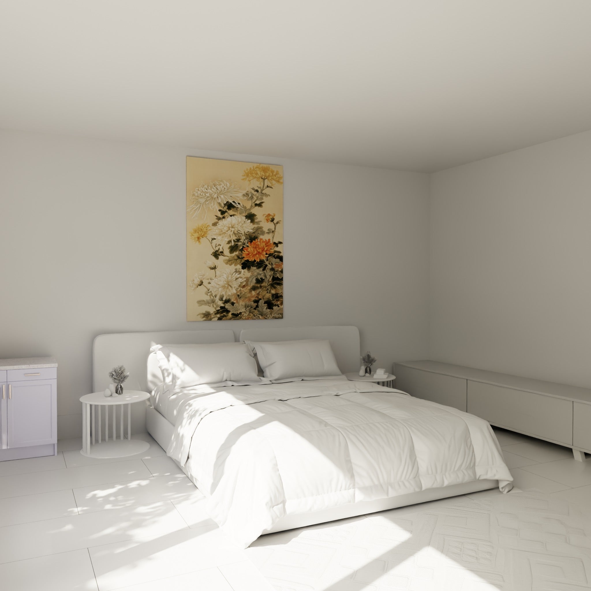 Fleurs de chrysanthème blanches et dorées au-dessus d'un lit dans une chambre claire