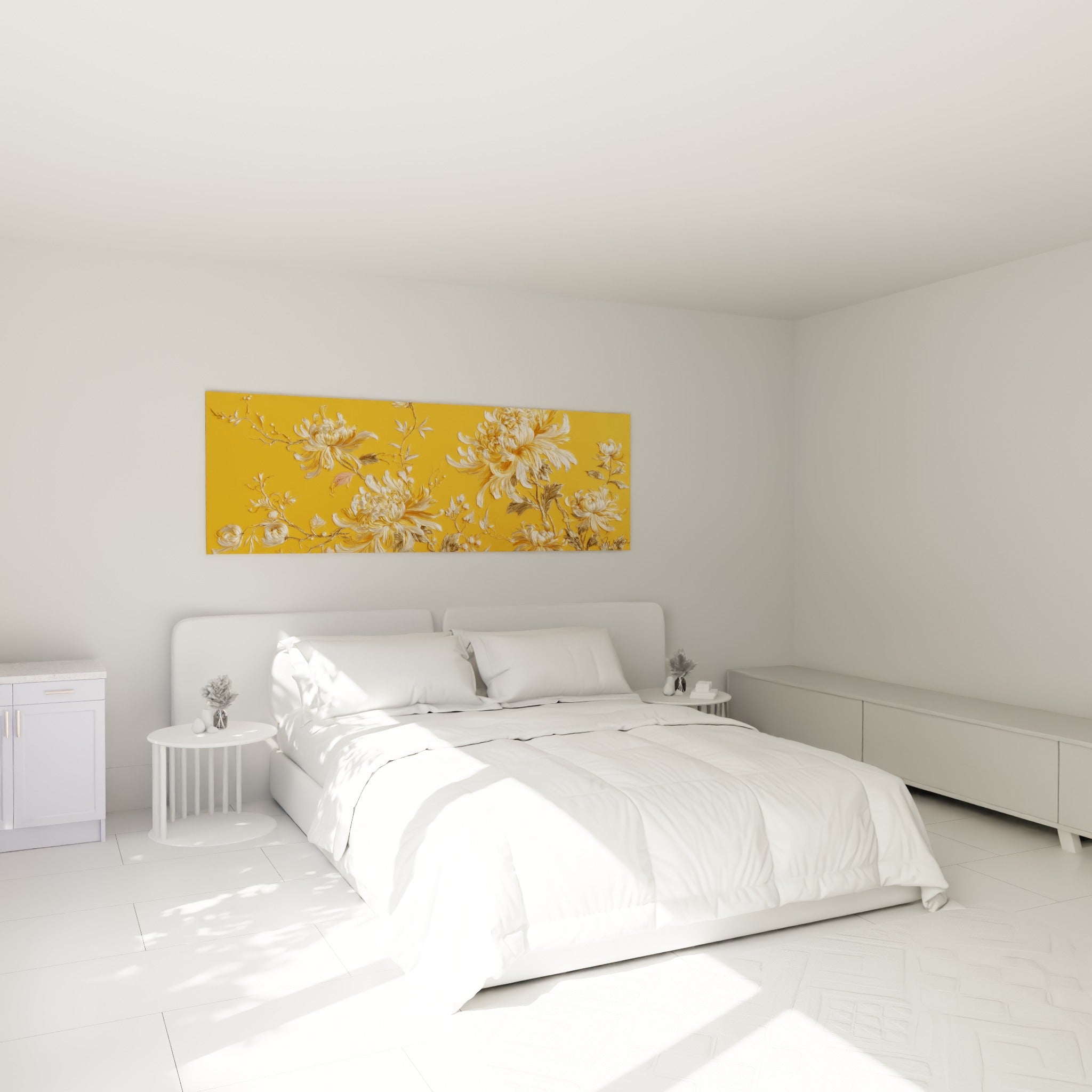 Fleurs de chrysanthème doré et ivoire sculptées, accrochées au-dessus d'un lit dans une chambre claire