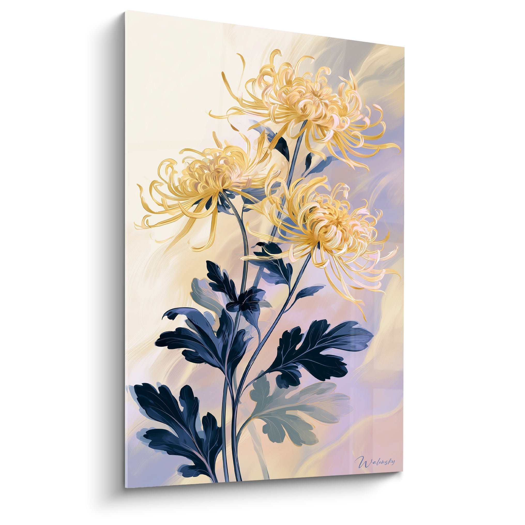 Chrysanthème doré aux feuilles bleu marine sur fond pastel lavande et pêche