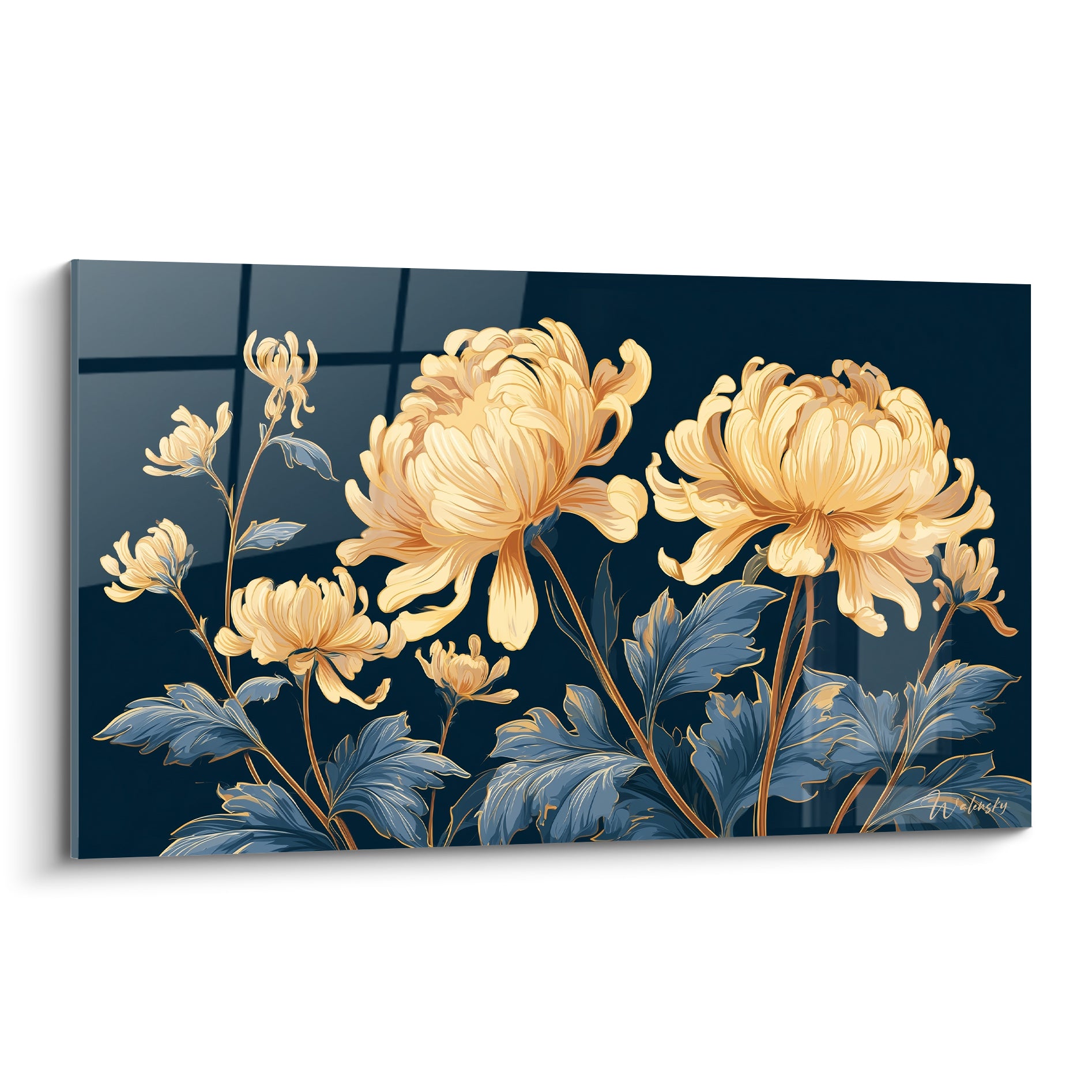 Chrysanthèmes dorés en pleine floraison sur fond bleu marine, style japonisant graphique.