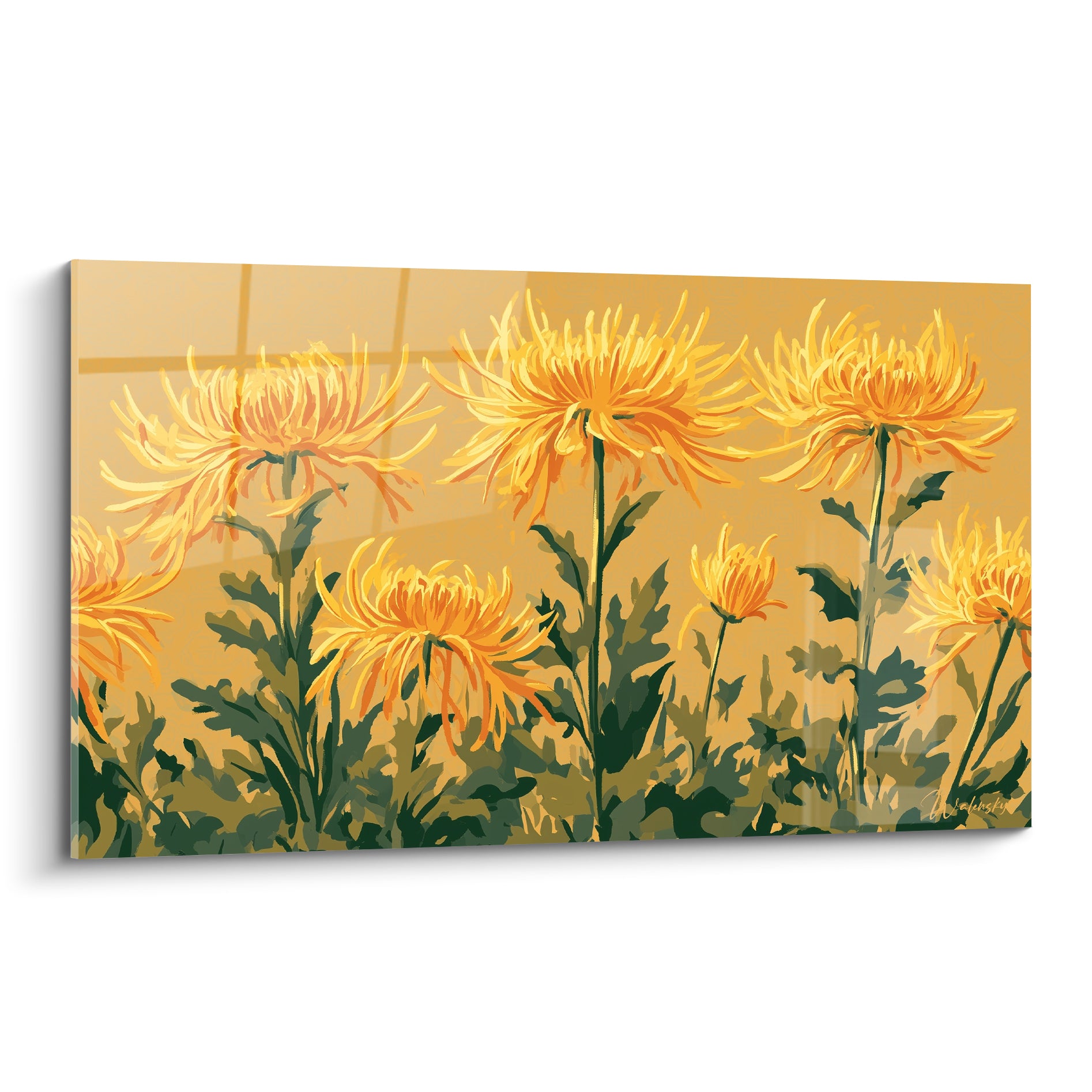 Chrysanthèmes dorés aux pétales effilés sur fond ocre, feuillage vert profond en aplats picturaux
