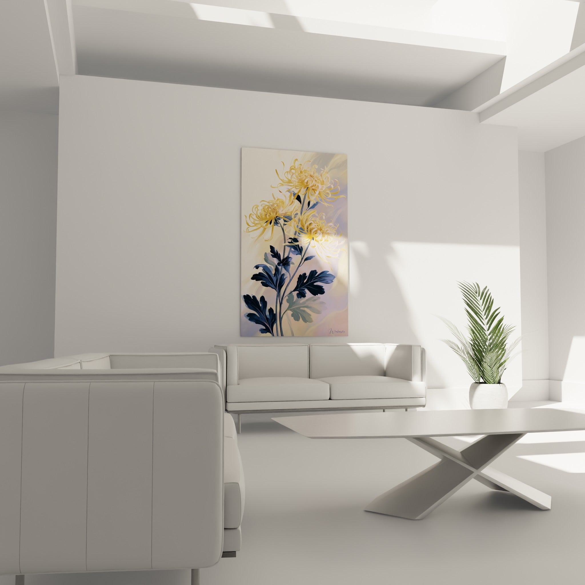 Chrysanthème aux pétales dorés et fond lavande placé au-dessus d'un canapé dans un salon lumineux