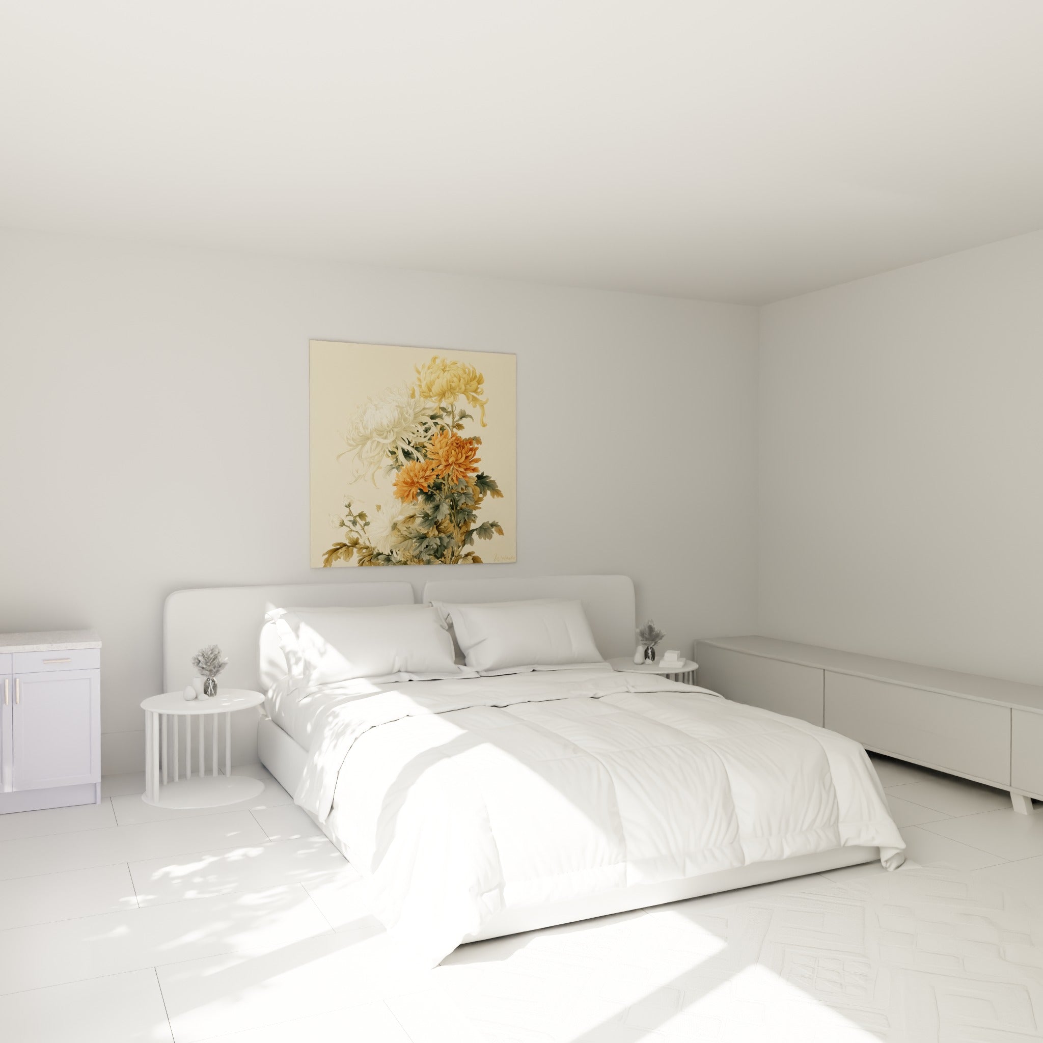 Bouquet de chrysanthèmes dorés et orangés au-dessus d'un lit dans une chambre claire