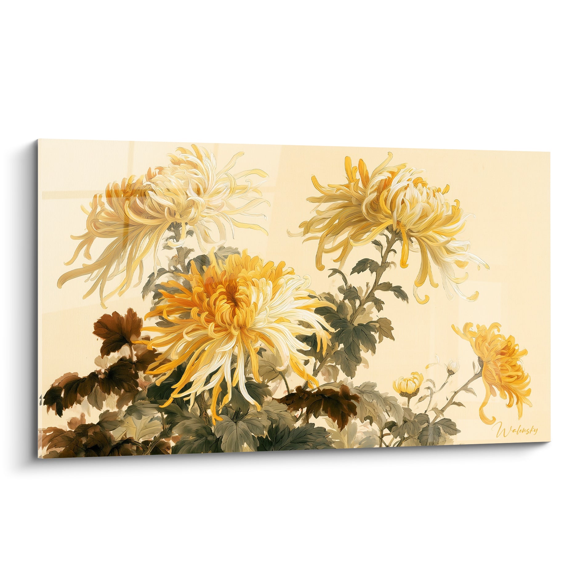 Chrysanthèmes dorés aux pétales effilés sur fond ivoire, style estampe japonaise raffinée