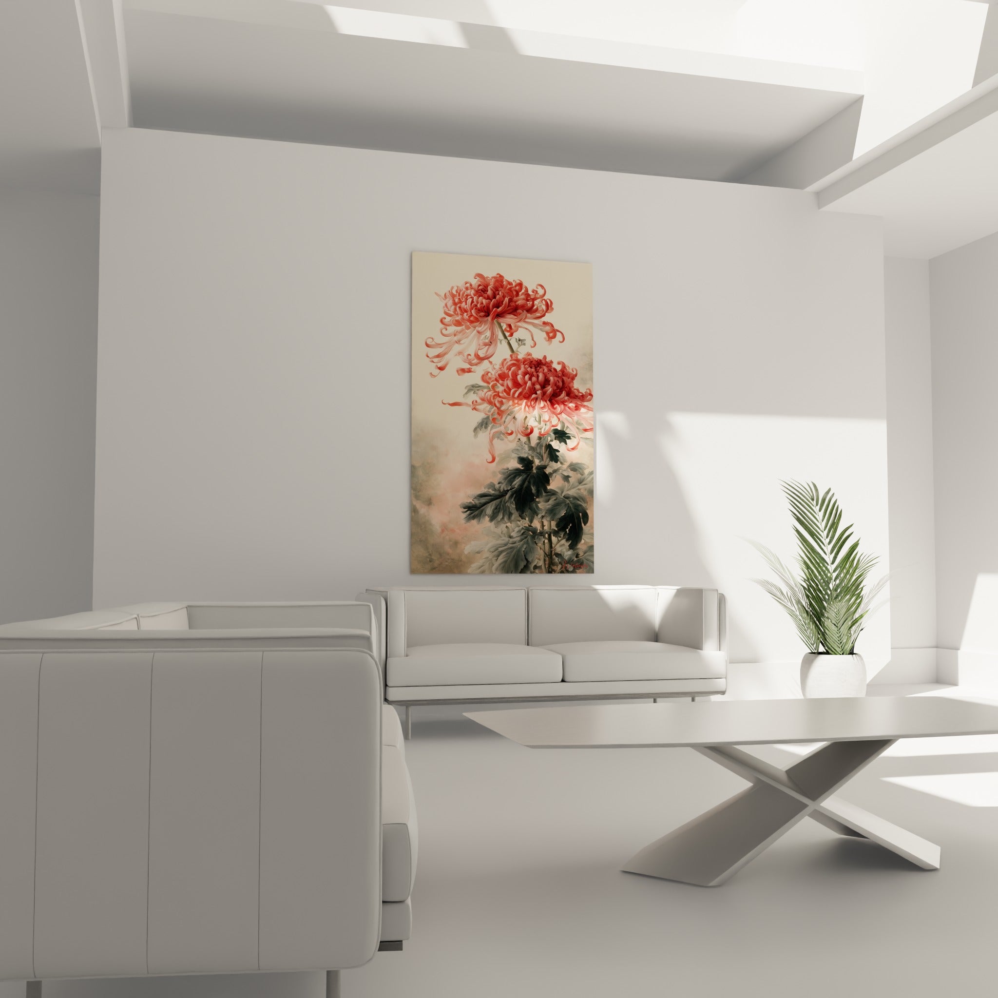 Chrysanthème doré et corail aux pétales ondulés, disposé au-dessus d'un canapé dans un salon lumineux