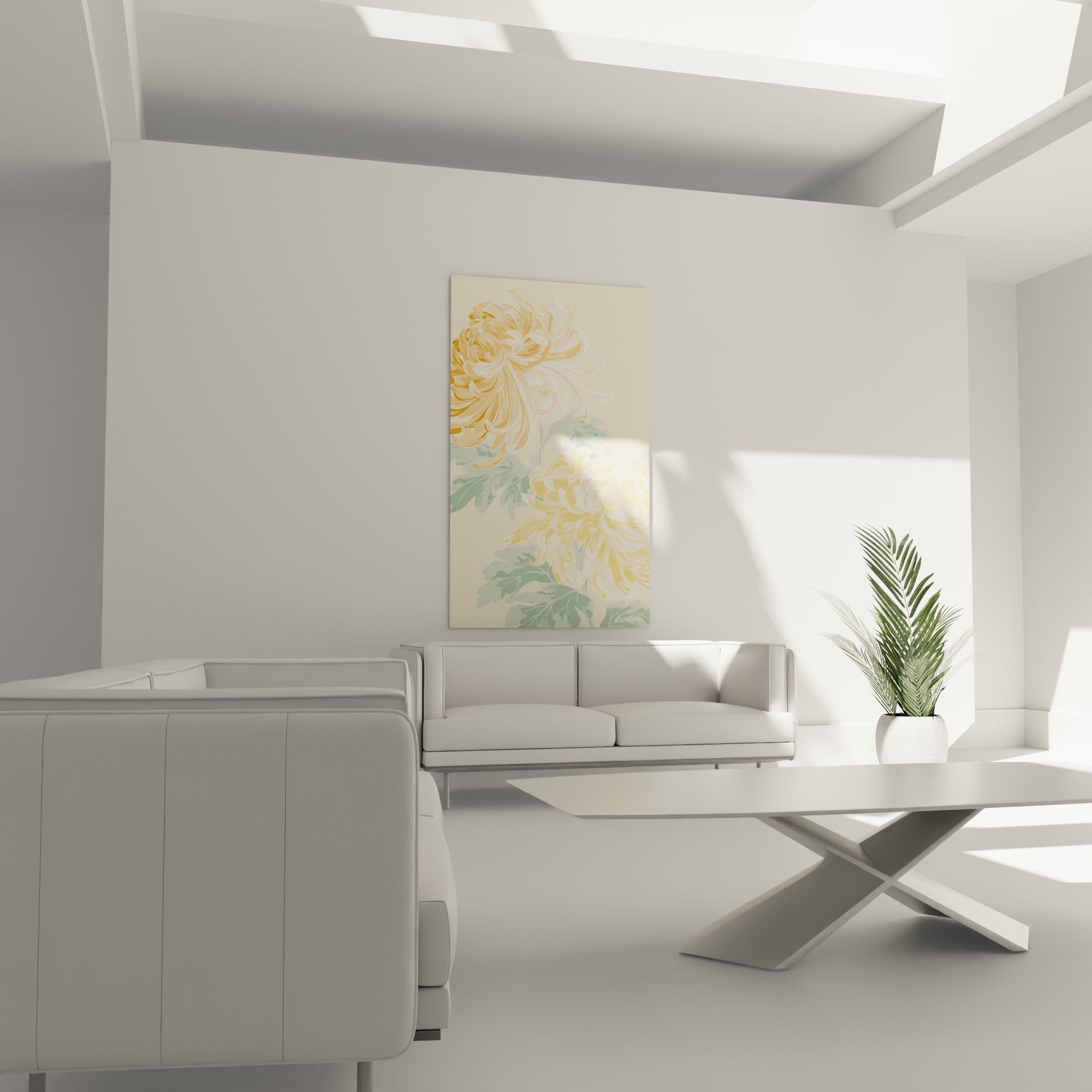 Chrysanthèmes dorés et verts épanouis au-dessus d'un canapé dans un salon lumineux