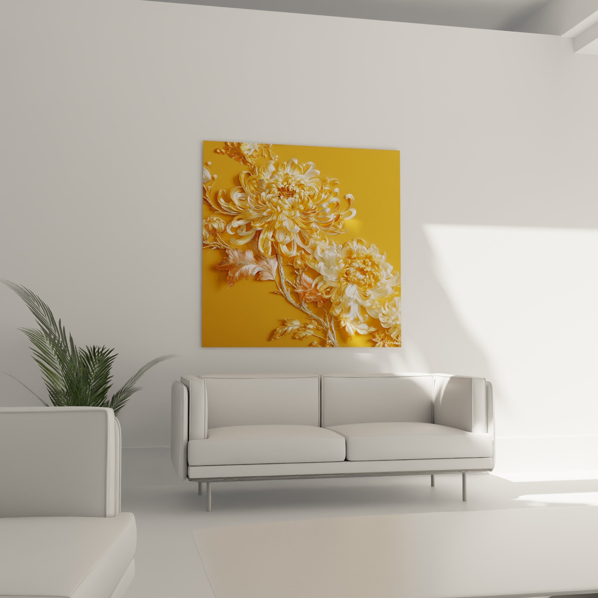 Chrysanthème aux tons dorés et ocre au-dessus d'un canapé dans un salon lumineux