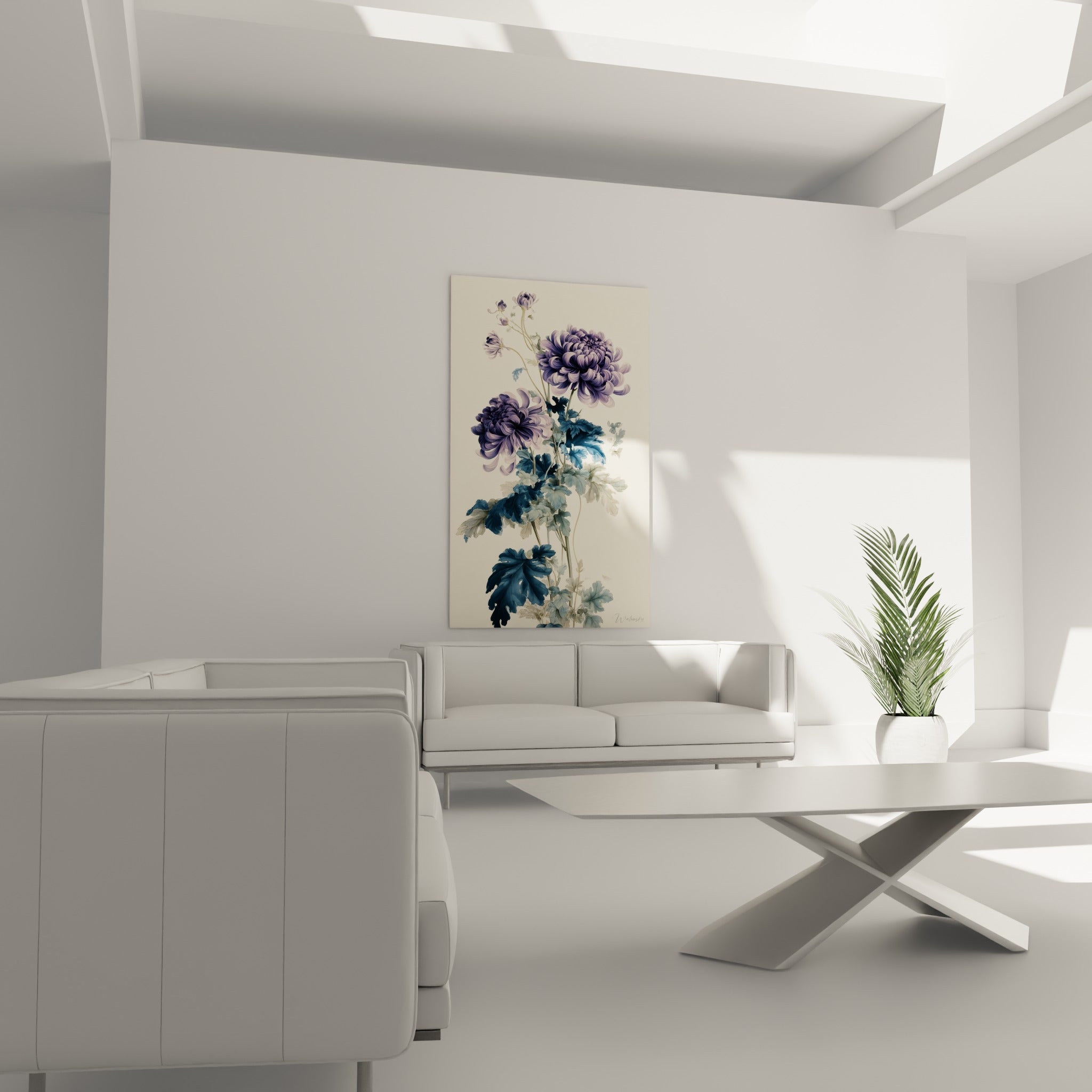 Bouquet de chrysanthème violet et bleu marine au-dessus d'un canapé dans un salon lumineux
