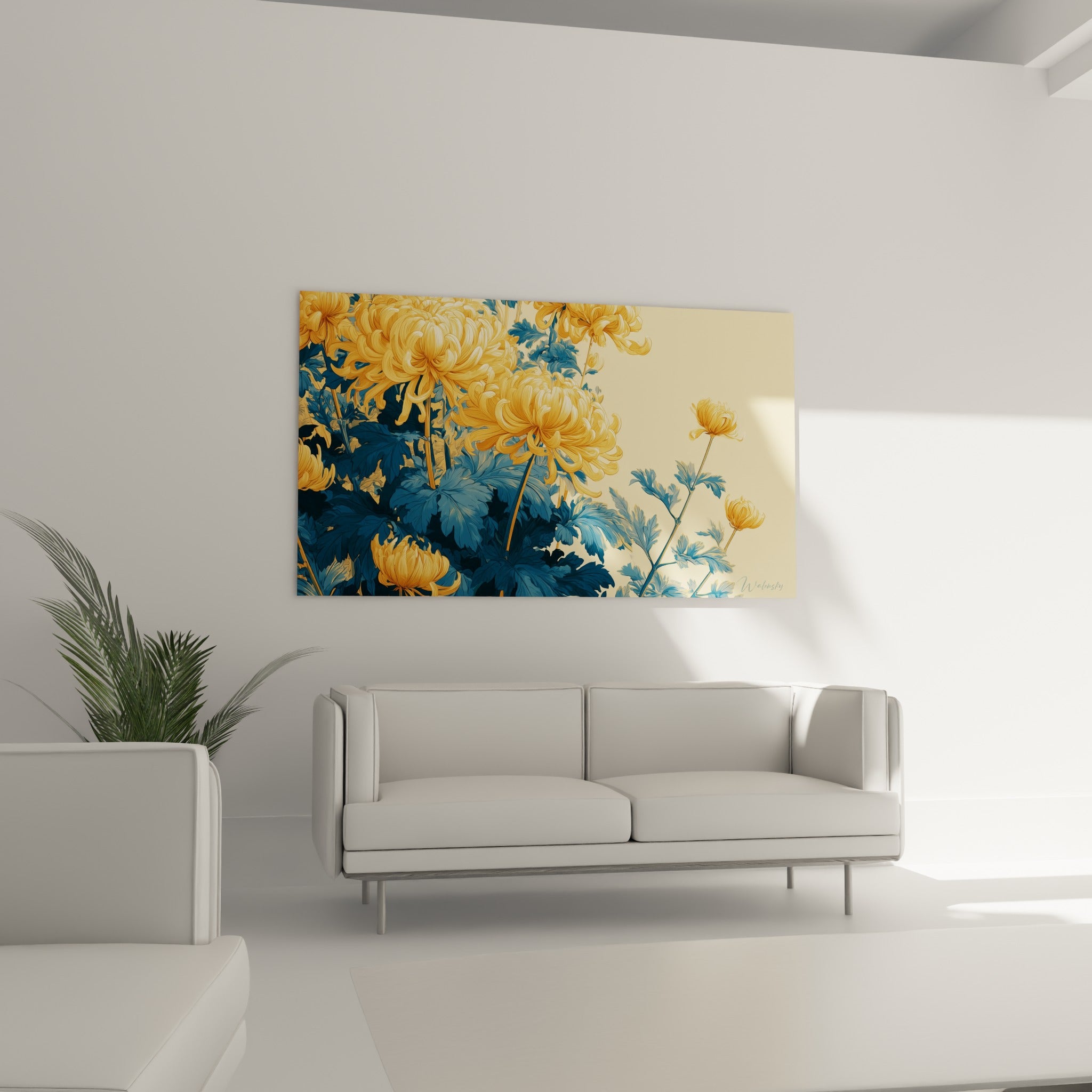 Bouquet de chrysanthèmes ocre et bleu marine au-dessus d'un canapé dans un salon lumineux