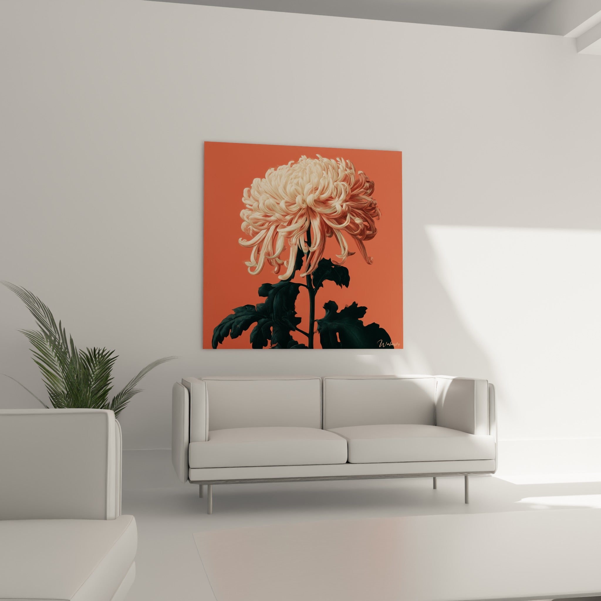 Pétales de chrysanthème beige rosé se déploient au-dessus d'un canapé dans un salon lumineux