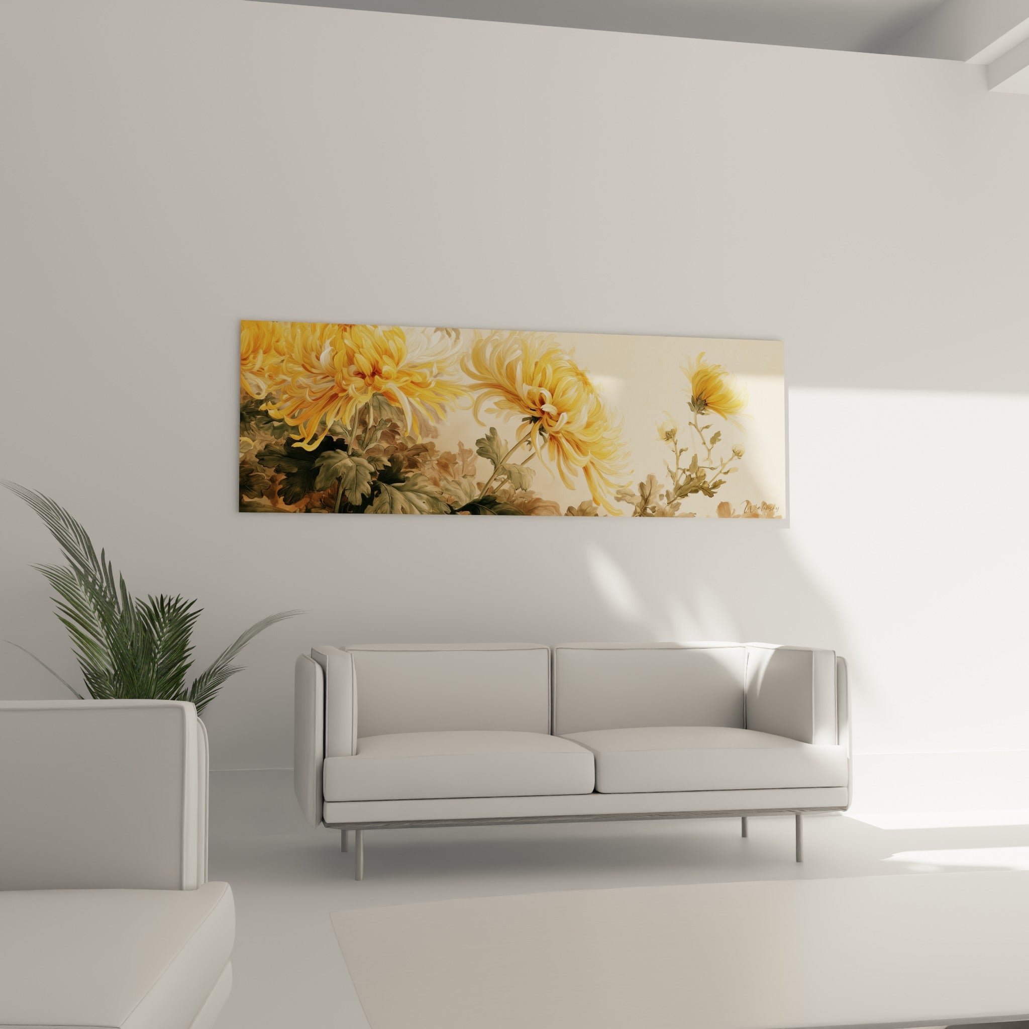Grandes corolles de chrysanthème doré et feuillage olive, disposées au-dessus d'un canapé dans un salon lumineux