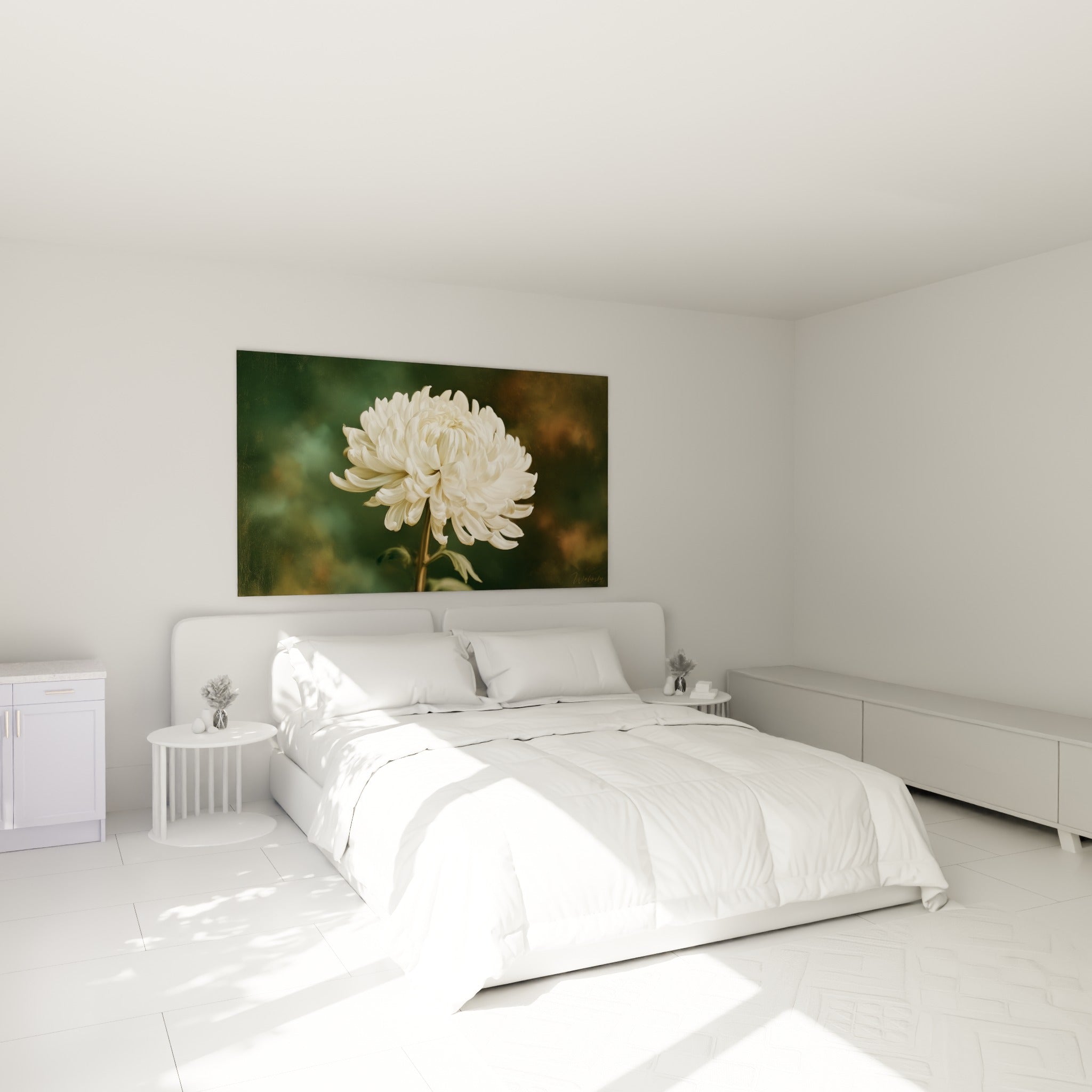 Pétales blancs délicats d'un chrysanthème posé au-dessus d'un lit dans une chambre claire