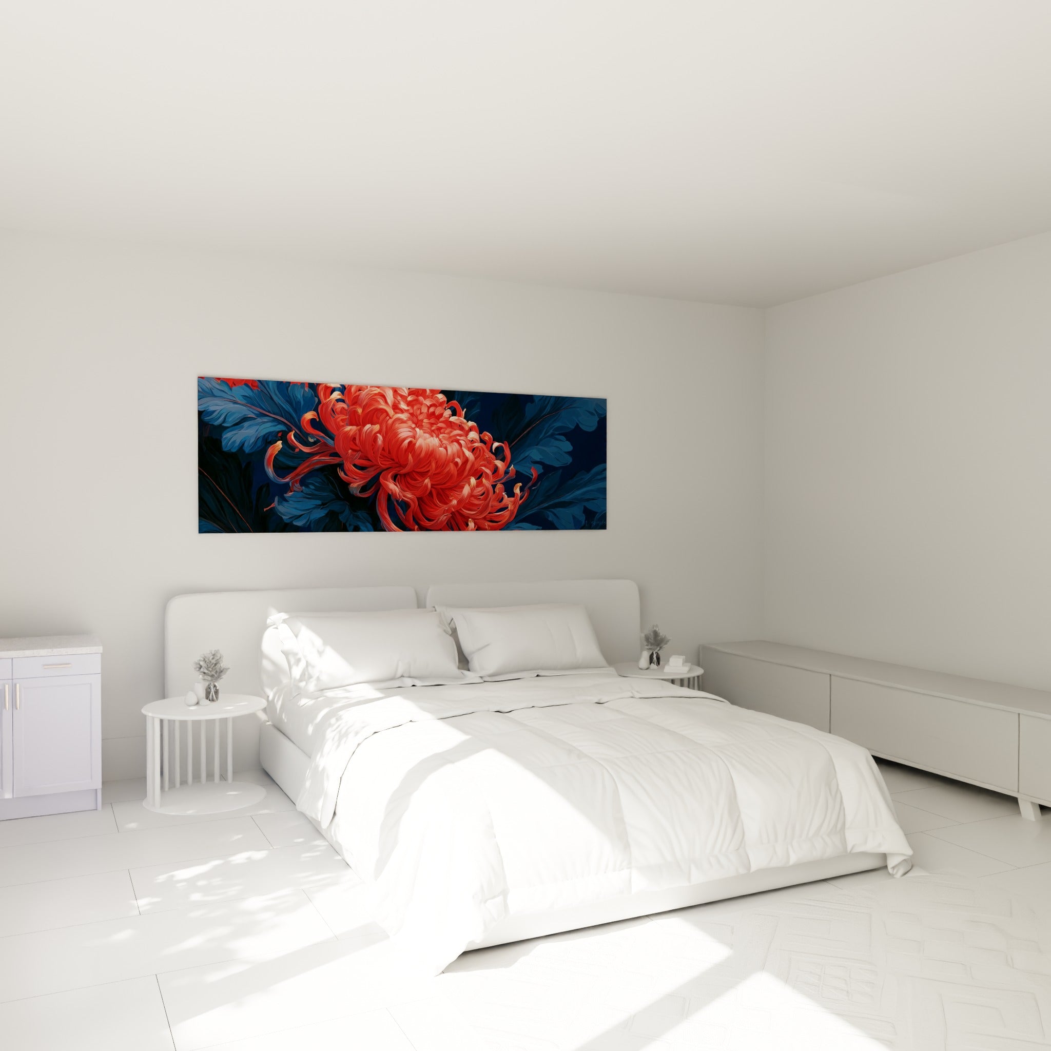 Fleur de chrysanthème corail et bleu marine accrochée au-dessus d'un lit dans une chambre claire