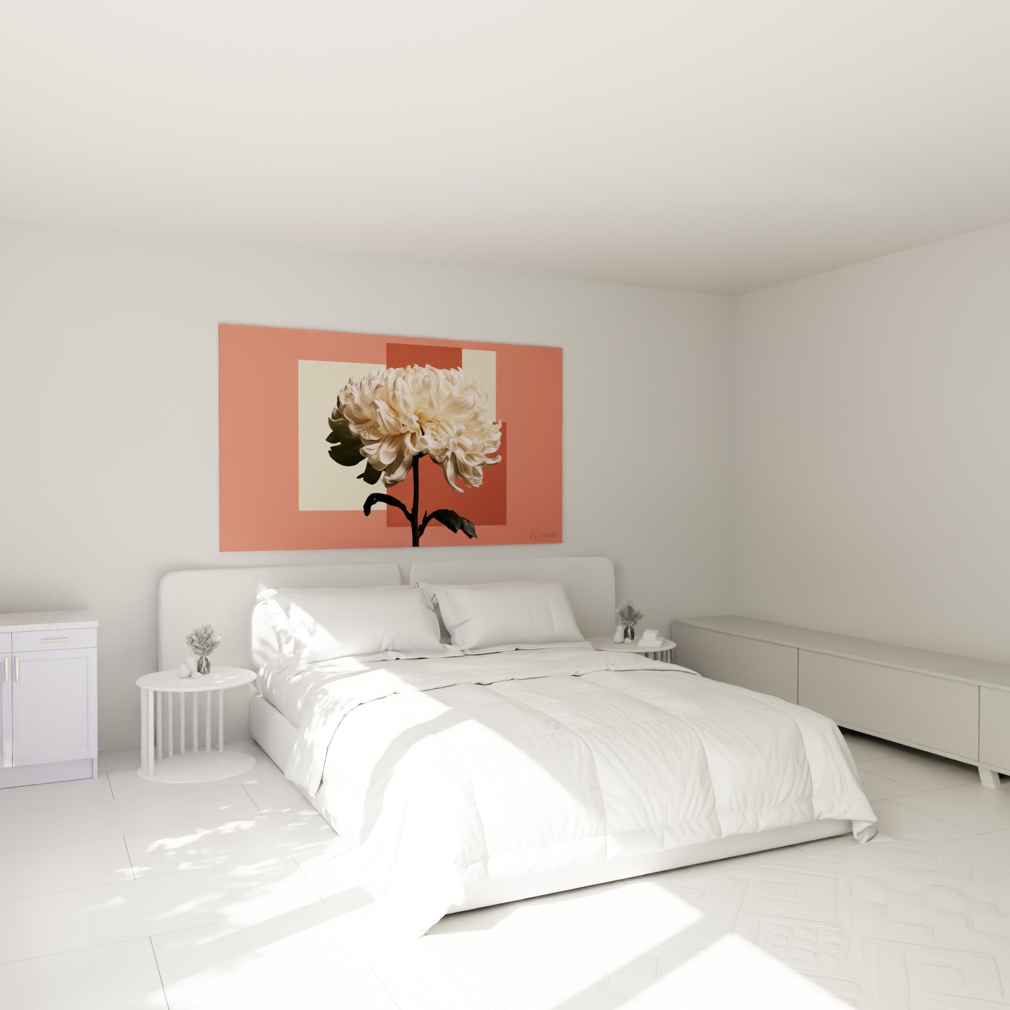 Fleur blanche aux tiges noires se détachant sur fond corail, au-dessus d'un lit dans une chambre claire