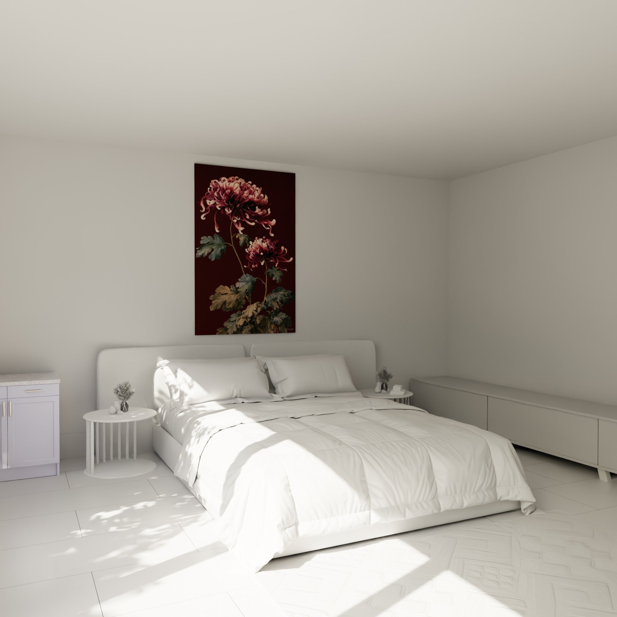 Fleur de chrysanthème rose et bordeaux au-dessus d'un lit dans une chambre claire